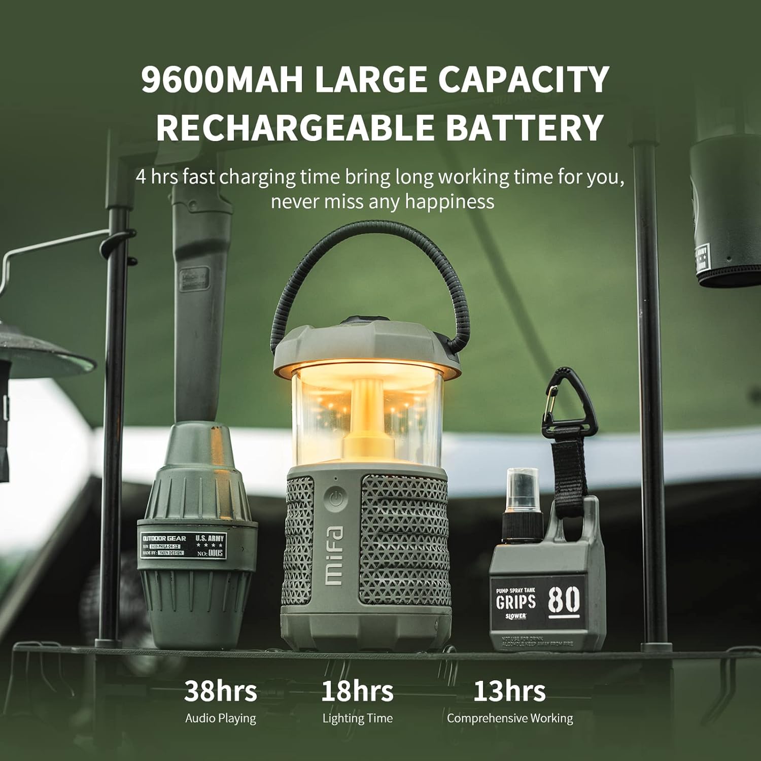 MIFA Camping Lantern Speaker charging a smartphone.