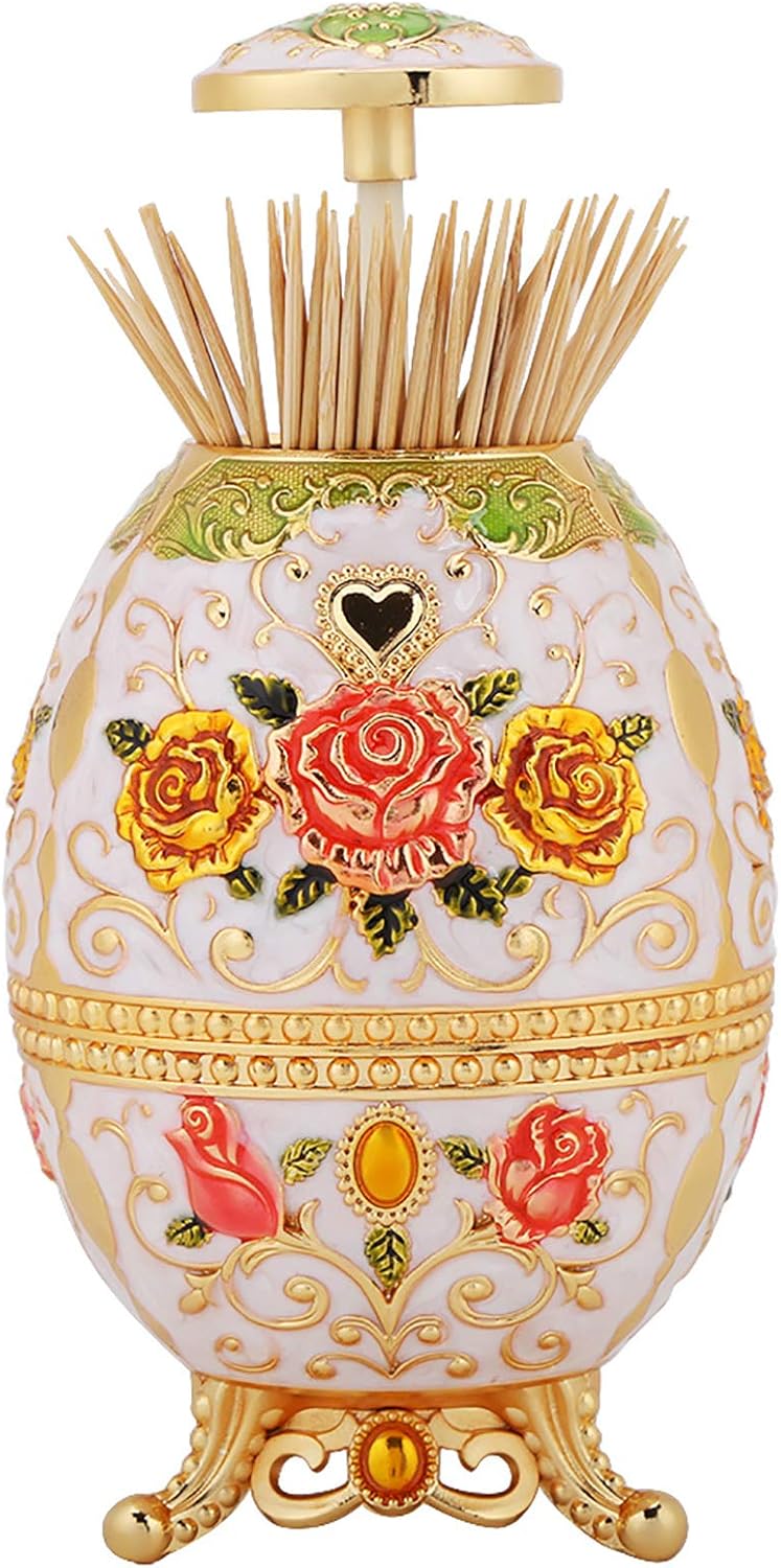 BBAUER Portable Retractable Toothpick Holder Flower Pattern 1pc Metal Tin Alloy Retro Automatic Popup Table Decor Sculptures (Color : Golden Flower)