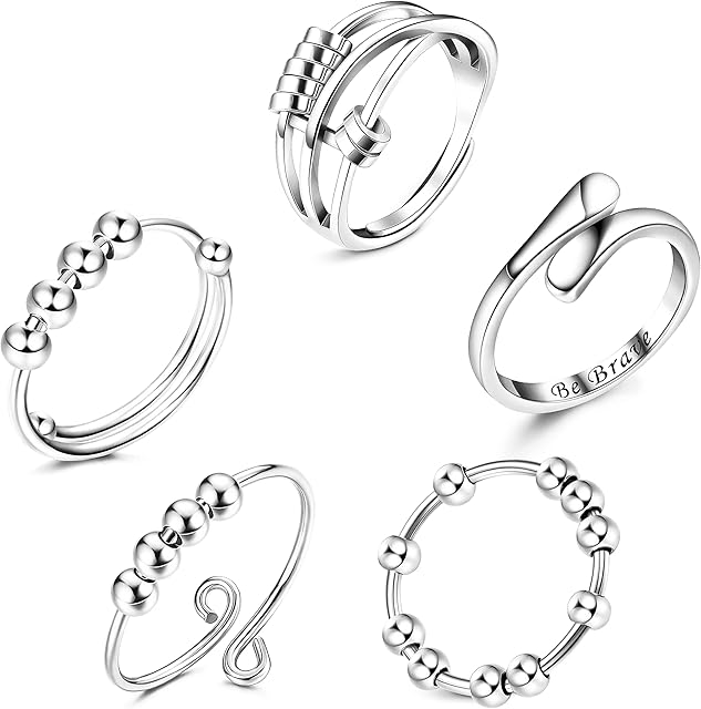 MILACOLATO 925 Sterling Silver Plated Anxiety Rings for Women Girls, Open Adjustable Fidget Ring Set, Spinner Ring with Beads, Lettering Hug Rings Joint Knuckle Rings Couple Jewellery for Girls, 5Pcs