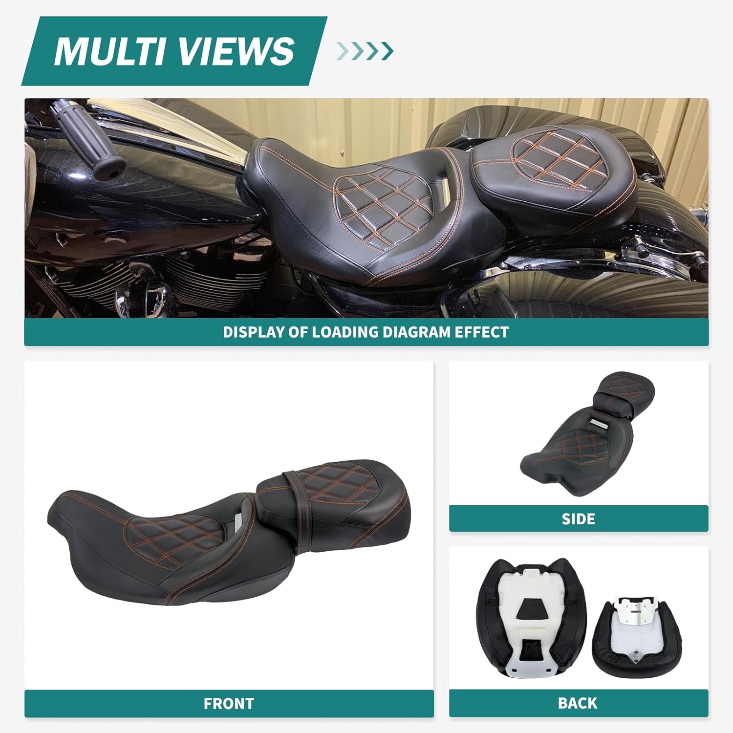 Motorcycle Seat Passenger Rider Two-up Pillion Fit for Harley Touring Street Glide Road Glide Road King Electra Glide 2009-up (Orange Stitching)