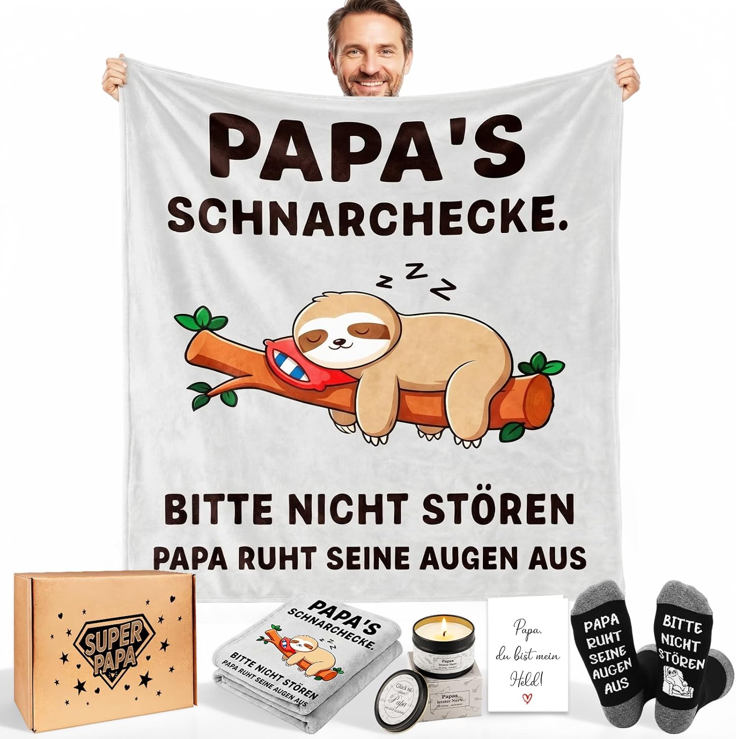 Vatertagsgeschenk für Papa Geschenkset – Geschenk für Papa Kuscheldecke „Papa's Schnarchecke“, Duftkerze, Socken, Grußkarte &amp; Geschenkbox – Lustiges Papa Geschenk, Männer Vater Geburtstag Weihnachten