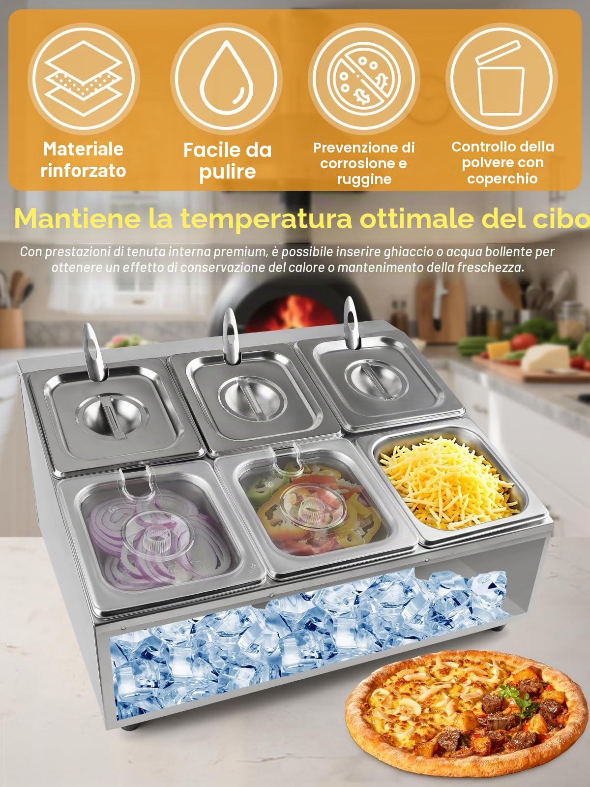 Kalolary 6 teglie Contenitori per Ingredienti 2 File Porta Spezie in Acciaio Inox con Coperchi Cucchiai Supporto Inclinato Bancone Set Contenitori Buffet per Salsa Frutta Ingrediente Cucina Ristorante