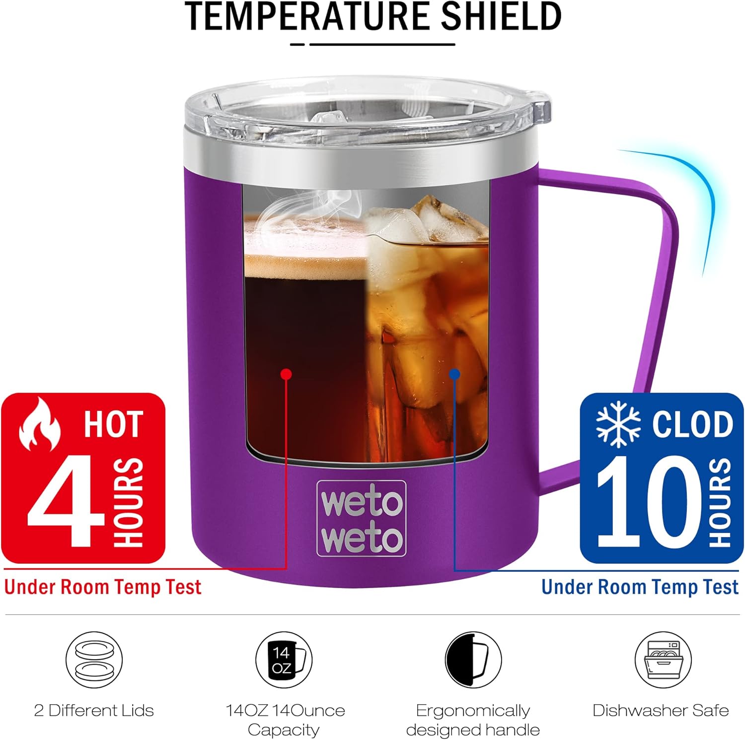 WETOWETO 14 oz Coffee Mug, Vacuum Insulated Camping Mug with Lid, Double Wall Stainless Steel Travel Tumbler Cup, Coffee Mugs Outdoor, Powder Coated Purple - Image 4