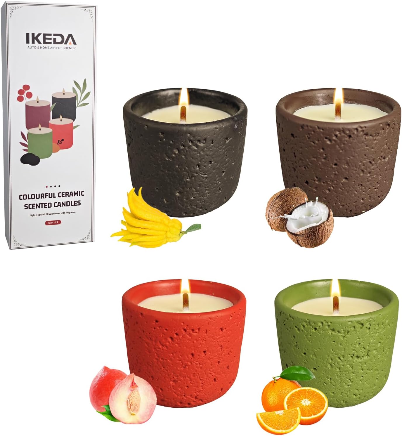 Ikeda Scented Candles for Home, 4 Pack Aromatherapy Candles Gifts for Women, Birthday Valentine Christmas Mother's Day,11.2 oz-80 Hour Colorful Ceramic Soy Candles of Bergamot,Coconut,Peach,Orange