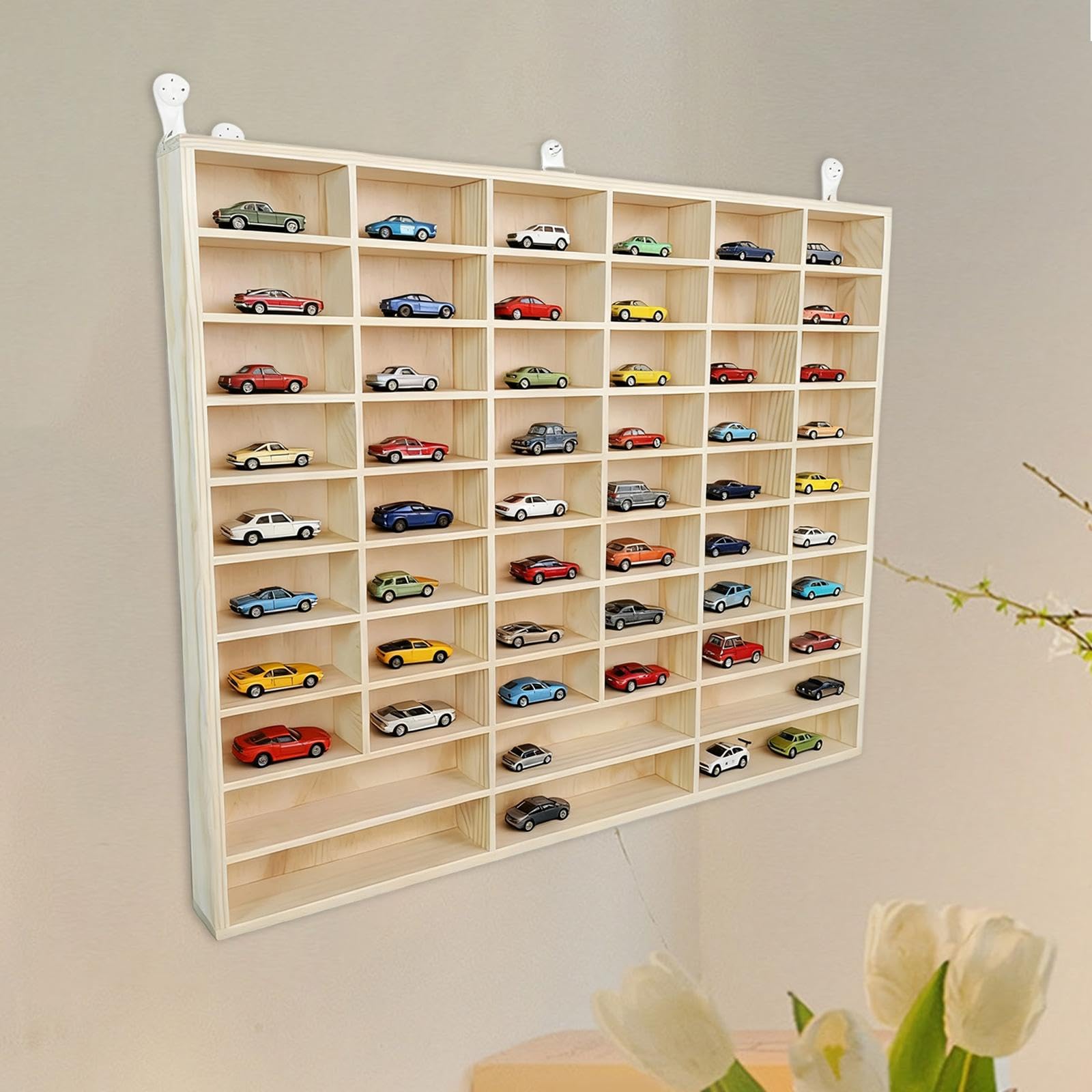 Holz Wand Display Rack Für Miniatur Autos | massives Holz, platzsparend, 54 Fächer, für Modellautos