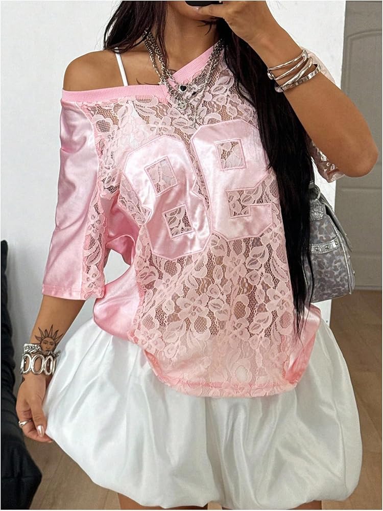 e*o様 Embroidery Mesh Shirts MakeMeChic Lace Jersey Shirts for Women V Neck Letter Graphic Tee