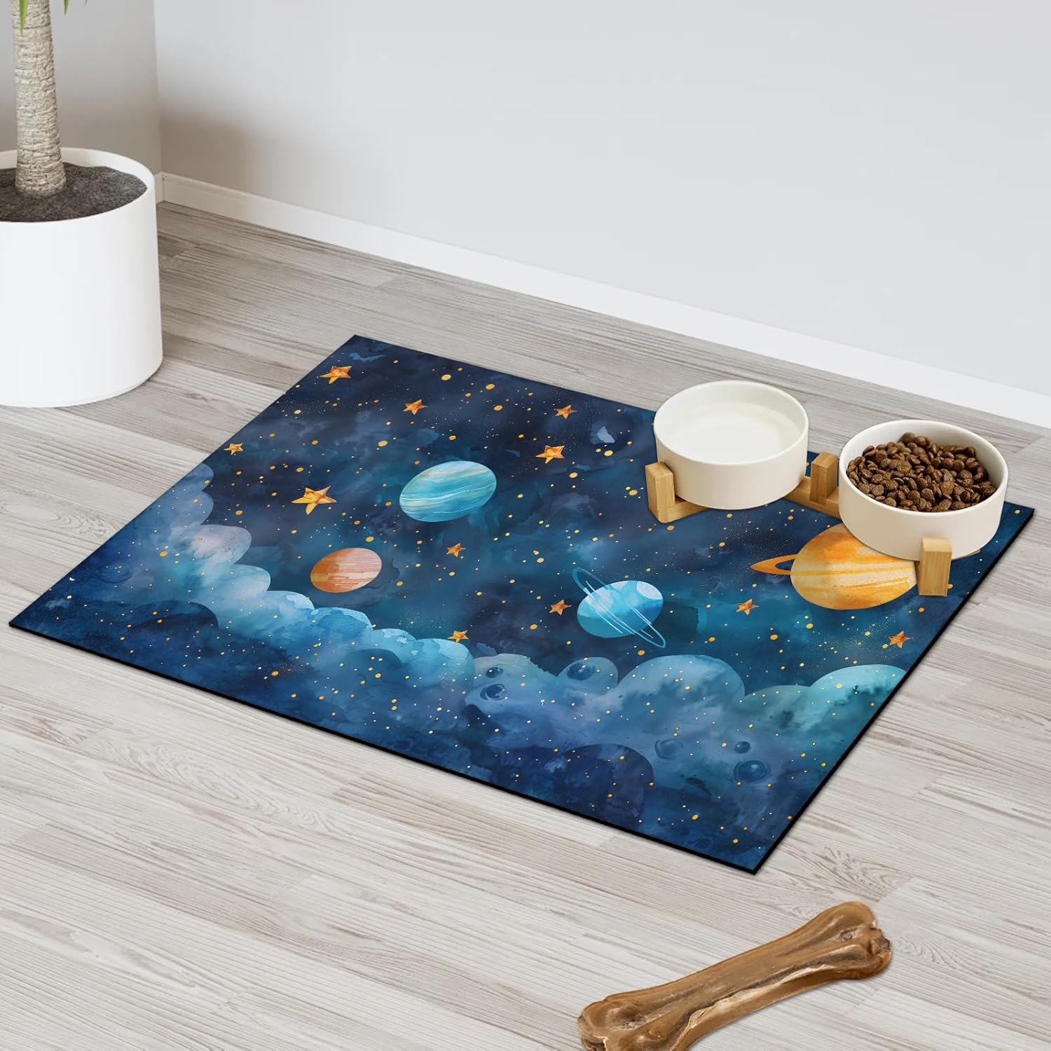 Hexteria Galaxy Planet Dog Food Mat Outer Space Absorbent Quick Dry Pet Feeding Mat for Food and Water Bowl Non Slip Placemat for Dogs Cat, Easy to Clean,24 x 32 in