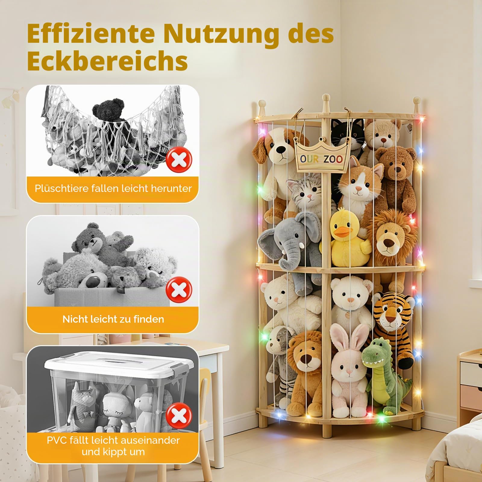 Ecke Holz Kuscheltier Aufbewahrung, FSC Robuste Stofftier mit Lichterkette, Stofftier Aufbewahrung für Spielzimmer Kinderzimmer Schlafzimmer Wohnzimmer 96 * 44cm