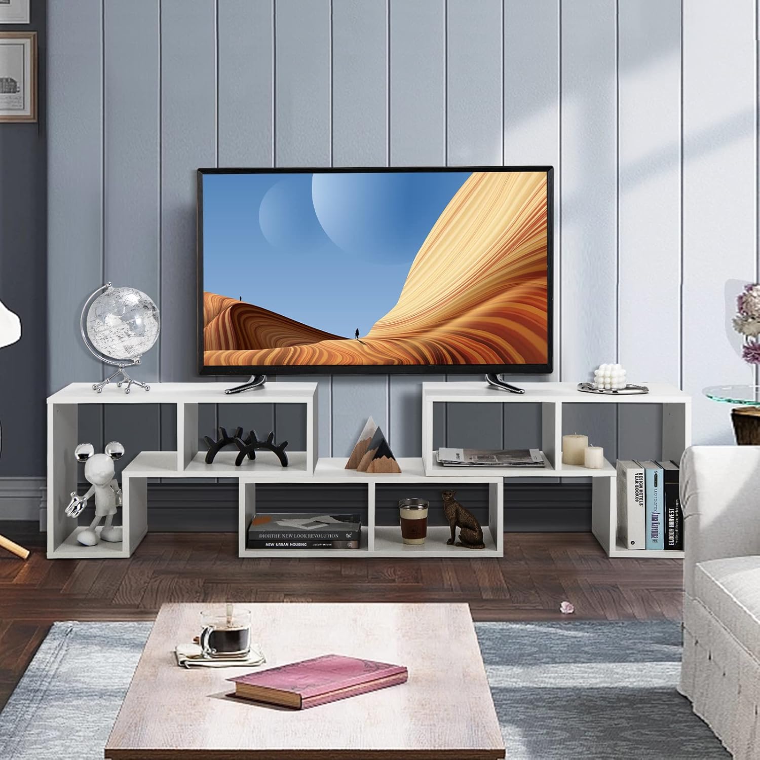 GOFLAME 3 Pieces TV Console Stand, Modern Entertainment Center for 50 55 60 65 Inch Flat Screen TV, Free Combination Bookcase for Storage & Display, Suitable for Living Room, Bedroom (White)