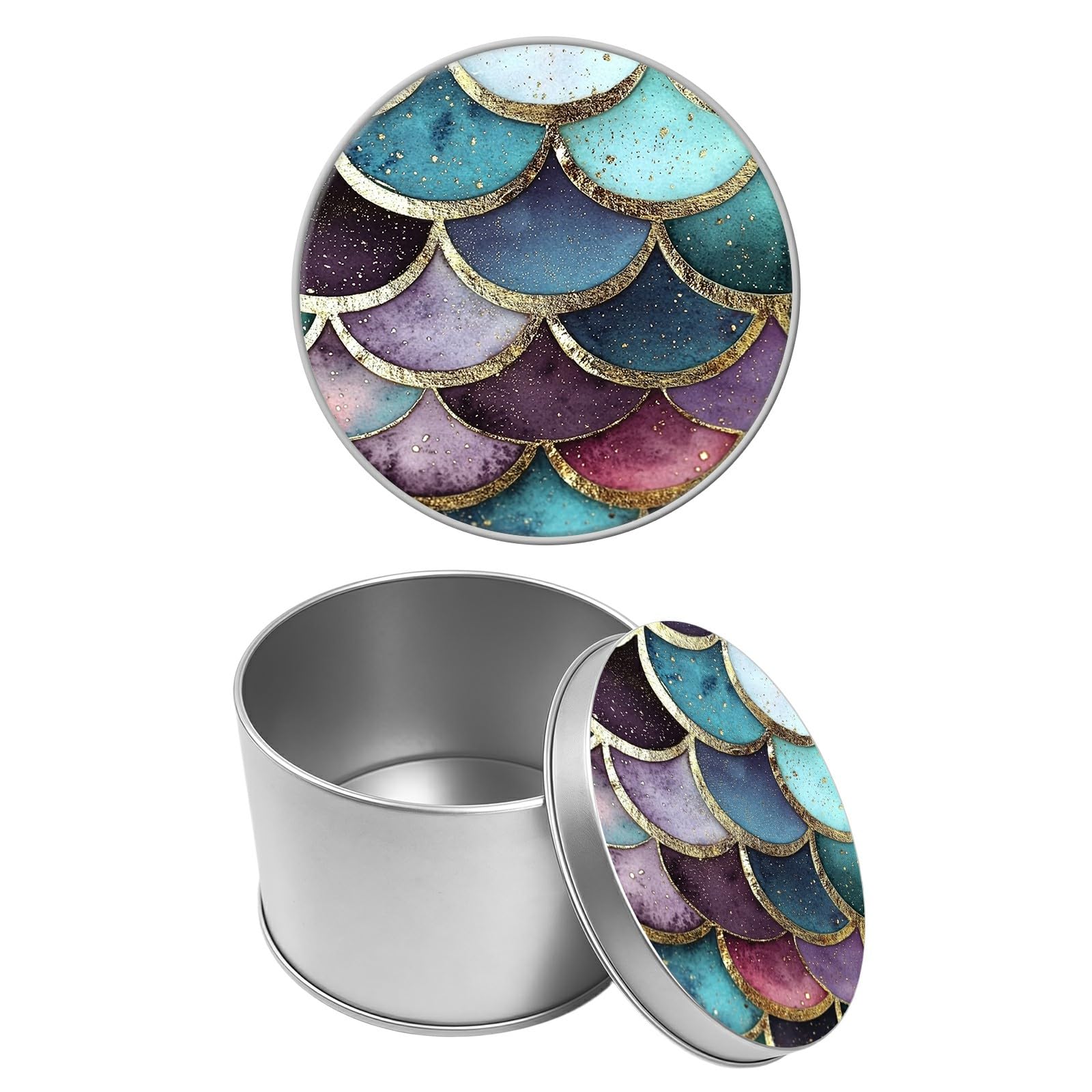 Round Metal Tin Container with Removable Lid, Colored Scales Durable Metal Storage Box for Cookies Spices Tea Candies Cakes Jewelry Cosmetics 3.54 x 2.36 inch– Single Pack