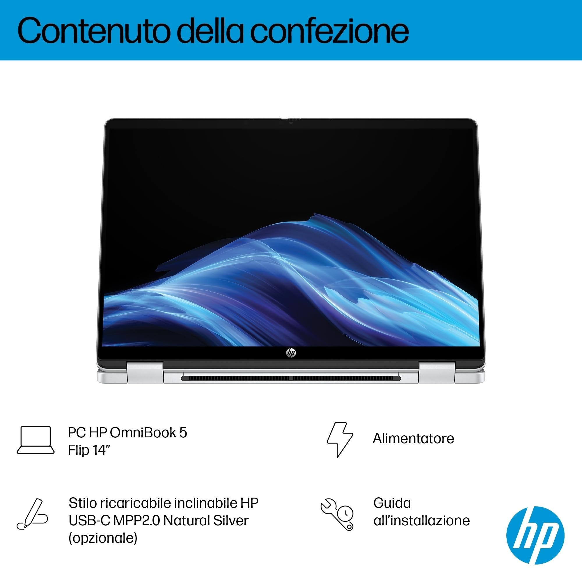 HP OmniBook 5 Flip 14-fp0004sl, Notebook, (Processore Intel Core 3 100U, 8GB RAM, 512GB SSD, Windows 11), Lavoro d'ufficio avanzato, Multitasking, Convertibile, Tastiera Italiana QWERTY, Argento