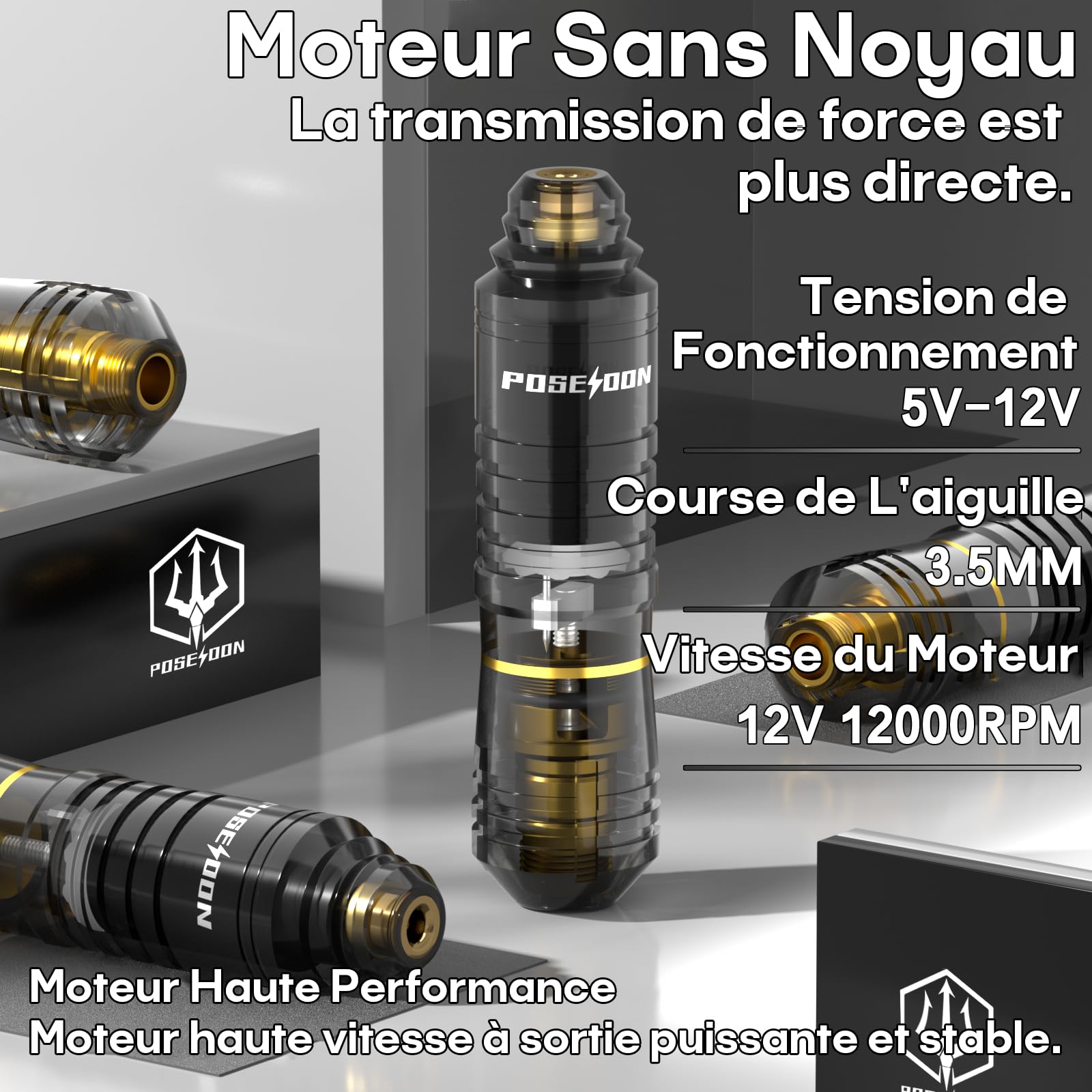 Kit de Machine à Tatouer Rotative Sans Fil POSEIDON avec 20 Cartouches d'Aiguilles,Encres & 2 Batteries Rechargeables | Pistolet à Tatouer Professionnel Portable pour Débutants | Fournitures Complètes