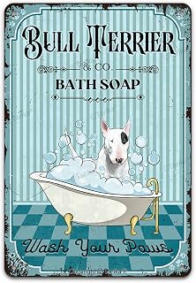 Vintage Dog Metal Tin Sign Bull Terrier Co. Bath Soap Wash Your Paws Funny Lovely Dog Puppy Pet Art Printing Poster Bathroom Toilet Living Room Home Art Wall Decoration 8X12 Inch