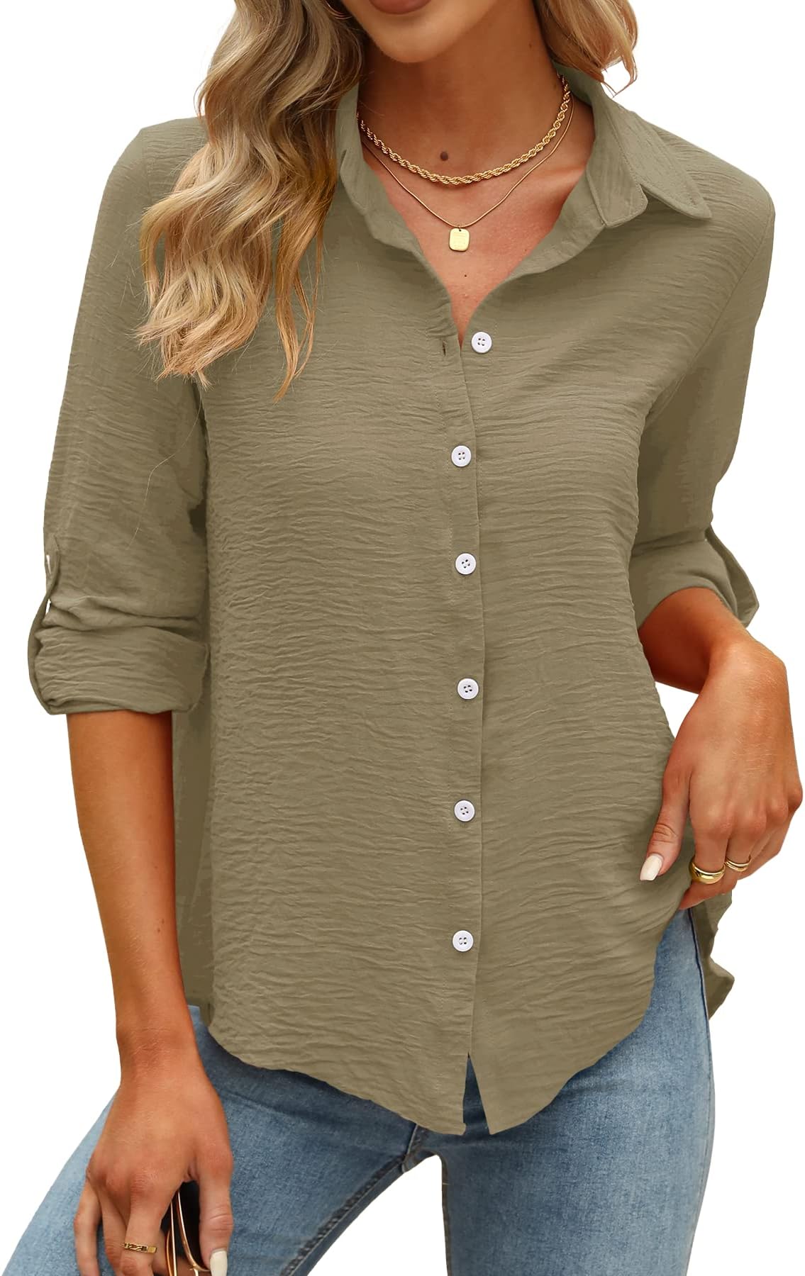 Odosalii Womens Casual Tunic Blouse V Neck Rolled Up Sleeve Chiffon Elegant Plain Loose Button Down Shirts Polo Tops