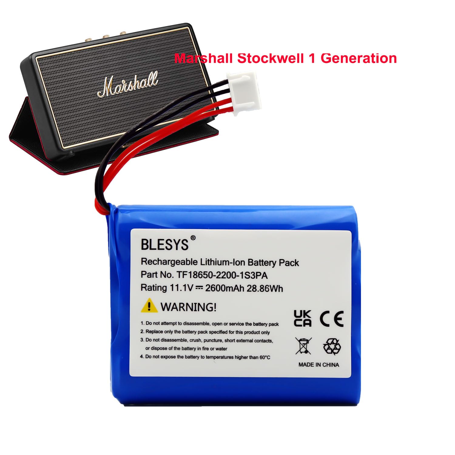 BLESYS Akku für Marshall Stockwell Tragbarer Bluetooth Lautsprecher TF18650-2200-1S3PA Li-Ion Akku 2600mAh/11,1V