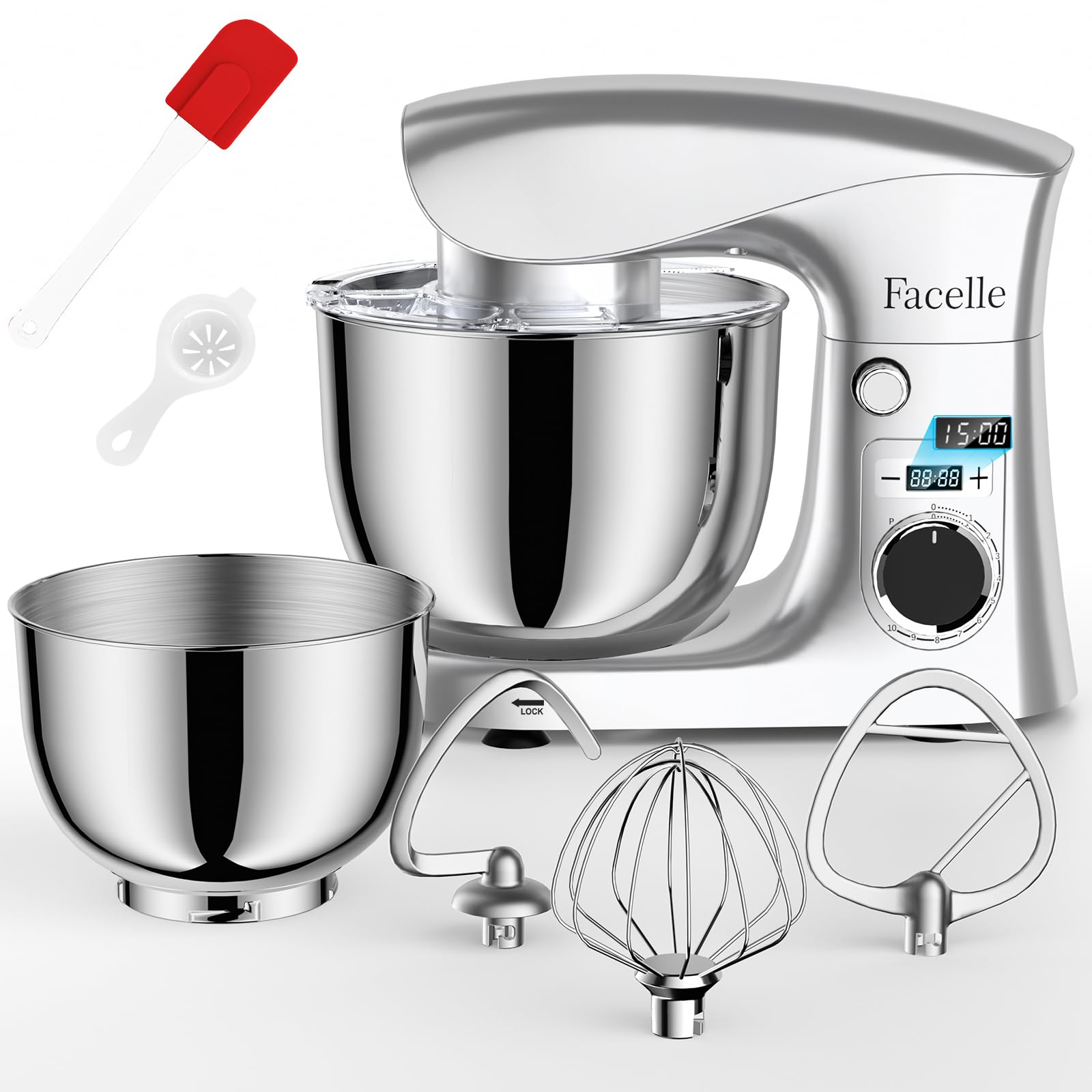 Amasadora de pan multifuncion 1500W con 10 velocidades y doble bol de acero para reposterias