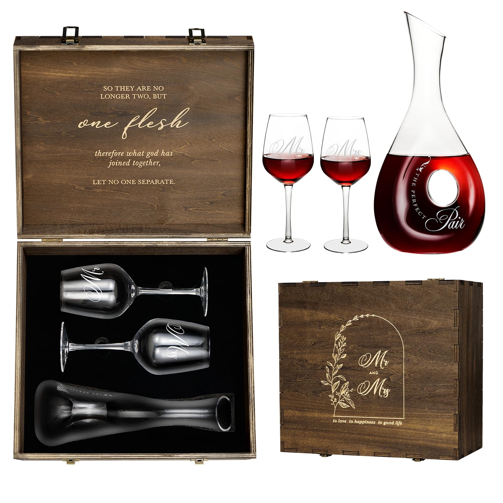 AW BRIDAL Wedding Gifts for Couples 2026 Mr and Mrs Wine Glasses and Decanter Set, Bride and Groom Wine Glasses with Wood Keepsake Box for Bridal Shower, Engagement Gift for Newly Engaged Couple