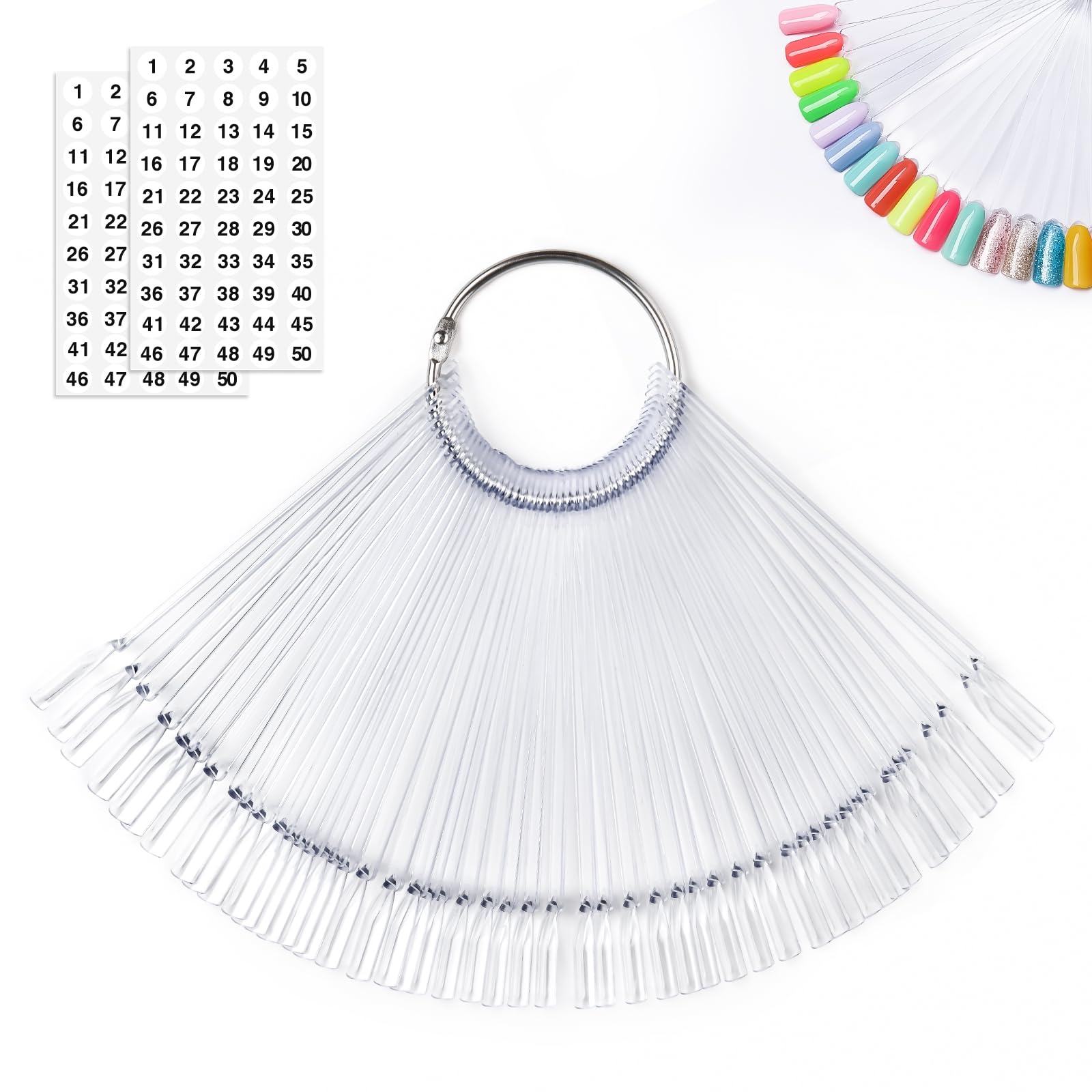 MEFA 50 Pcs Clear Nail Swatch Sticks with Ring and Numbered Tips, False Nail Sample Sticks for Nail Art Polish Color Practice Fan-shaped Display