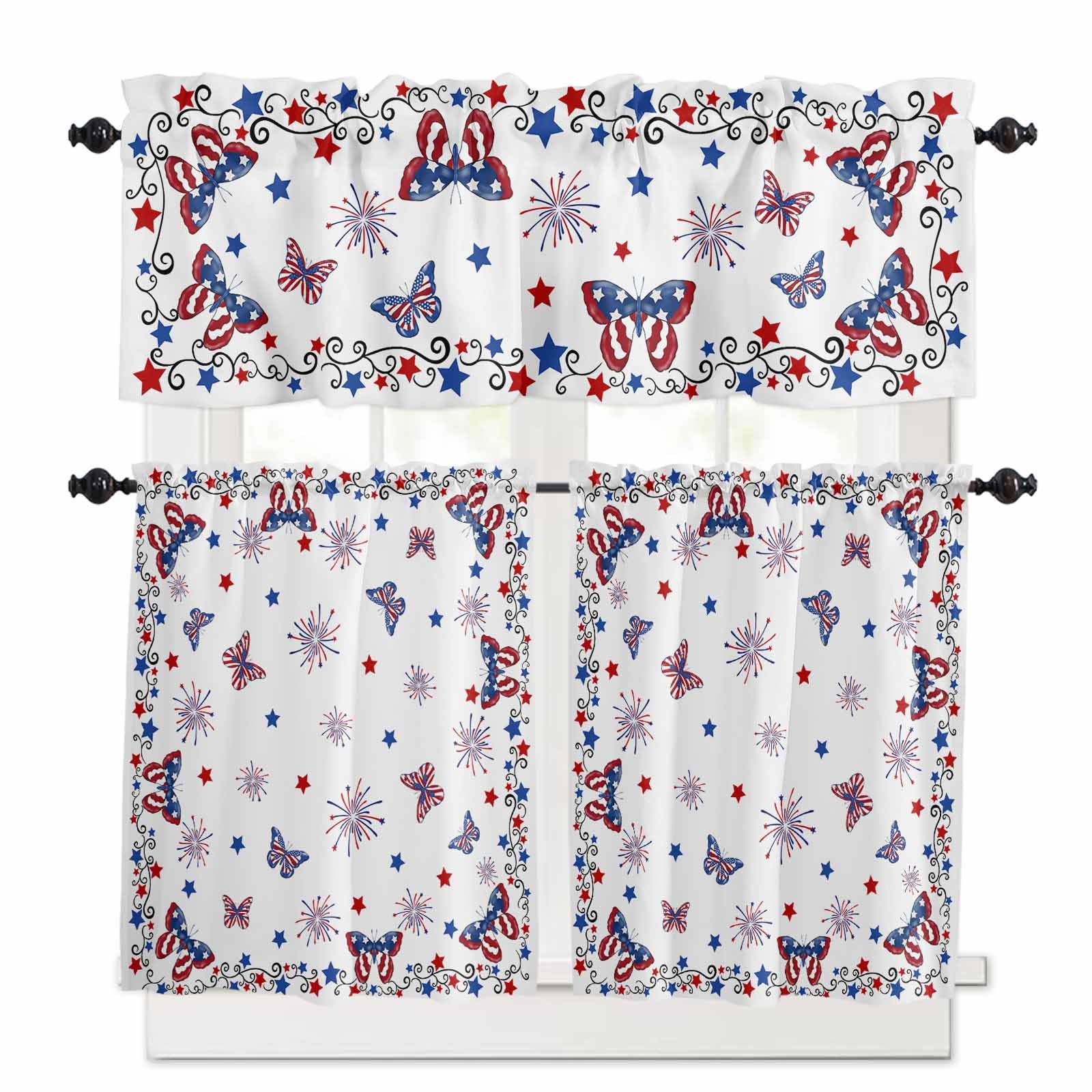 Blue Red 4th of July Kitchen Curtains 24 Inch Length,3 Piece Rod Pocket Small Half Tiers and Valance Set,Independence Day Fireworks Butterfly Small Large Window Treatment Decor for Bedroom/Bathroom