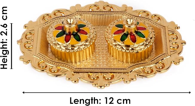 SATVIK 1 Pc Golden Decorative Kankavati Roli Chawal/Rice Holder with Lid, Kumkum Haldi Holder Designer Rakhi Pooja Thali Festival Diwali Pujan Tika Roli Plate Indian Housewarming Return Gifts Items