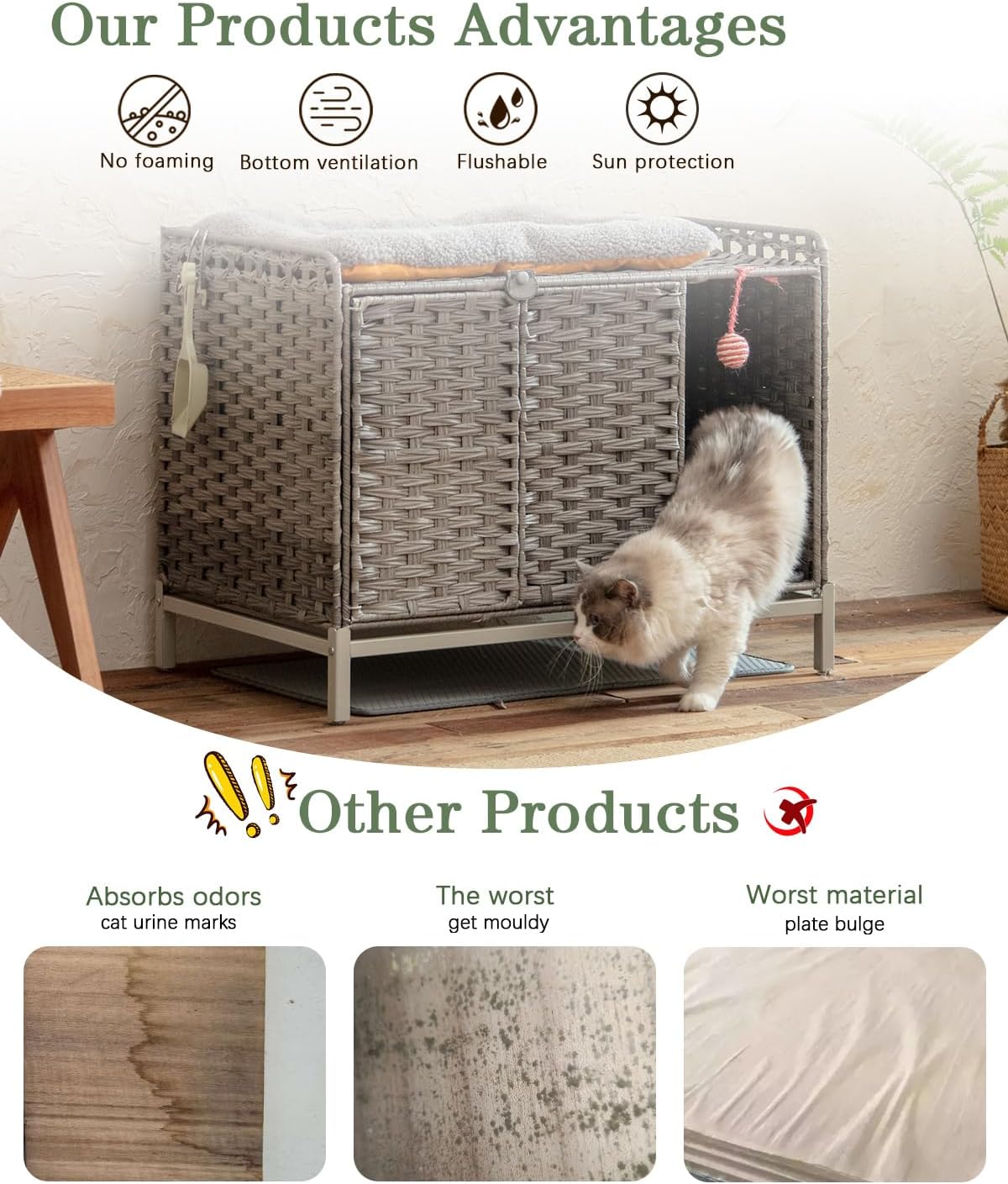 SETVSON Cat Litter Box Enclosure Furniture with Divider, Handwoven Rattan Litter Box with Mat, 31.2 x 19.6 x 24.2 Inches, Metal Heightened Feet, Hidden Cat House for Living Room, Bedroom (Gray)