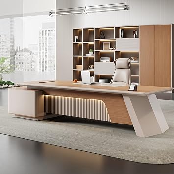 Wood L Shaped Executive Office Desk, Modern Large Computer Desk with File Cabinet Gaming Study Table Business Workstation Set for CEO, Boss, Owners