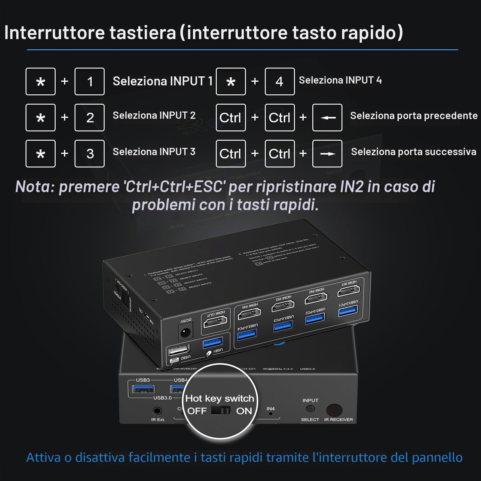 HDMI KVM Switch USB 3.0 4 Porte con Hotkey 4K 60Hz 18Gbps Condivisione di 4 Computer con una Tastiera Mouse HDR D-olby Vision HDCP2.2 Telecomando Cavo USB3.0 X4