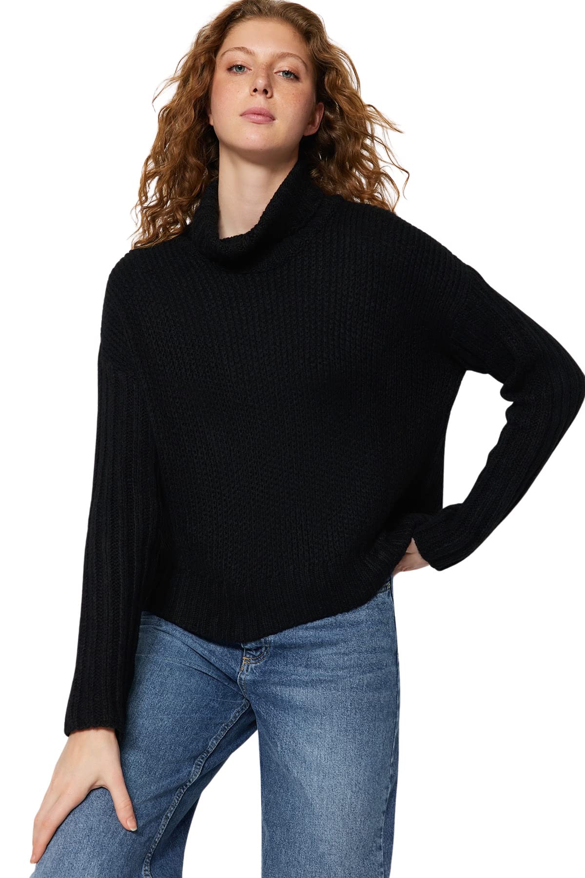Trendyol FeMan Oversize Basic Turtleneck Knitwear Sweater,Black,S