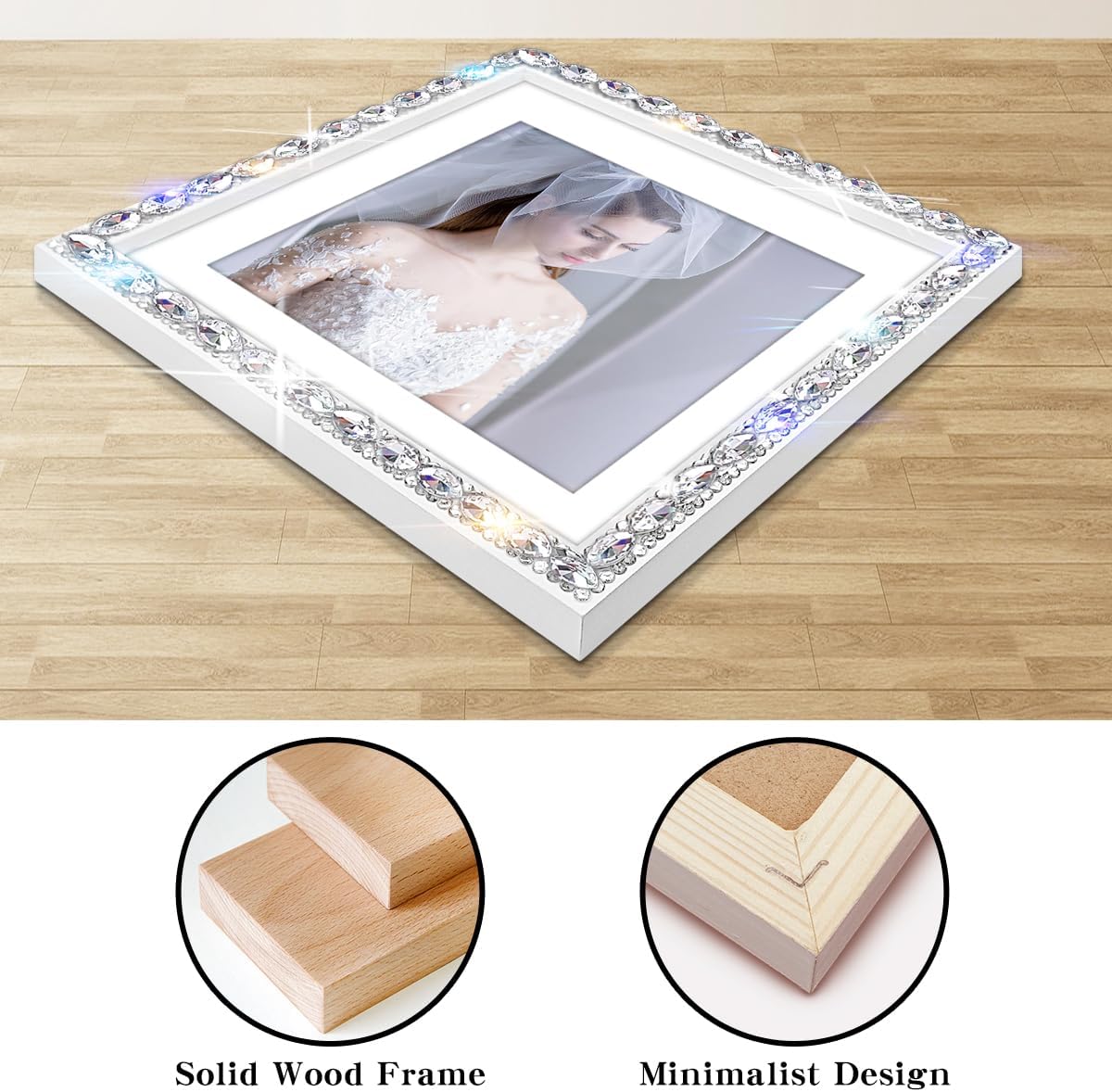 Square 12x12 Solid Wood Bling Picture Frame for Hanging Wall Decor,Display Picture 9x9 with Mat or 12x12 Without Mat,Glitter Sparkle Glass Diamond Rhinestone Lace Poster Photo Frame (White)