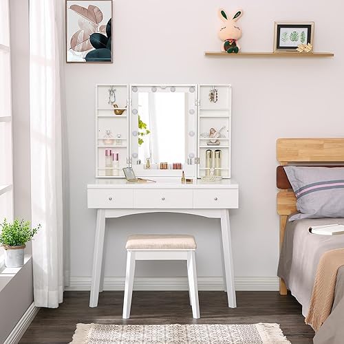 Miniatura 2 de BEWISHOME Escritorio de tocador con espejo iluminado tocador de maquillaje con luces juego de tocador blanco con 10 bombillas LED y brillo ajustable