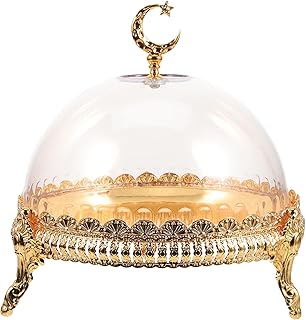 PRETYZOOM Glass Cake Stand with Lid, 8 Inches Eid Mubarak Dessert Tray with Dome, Multifunctional Serving Platter with Lids for Cakes Snacks Appetizers
