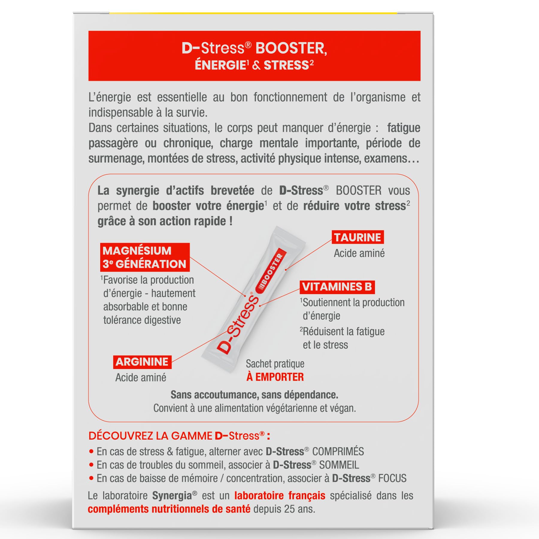 D-STRESS BOOSTER Lot de 3 + 1 Produit Synergia Offert | Magnésium de 3ème Génération + Taurine + Arginine + Vitamines B | Gère les Montées de Stress en 30 Minutes | LABORATOIRE SYNERGIA