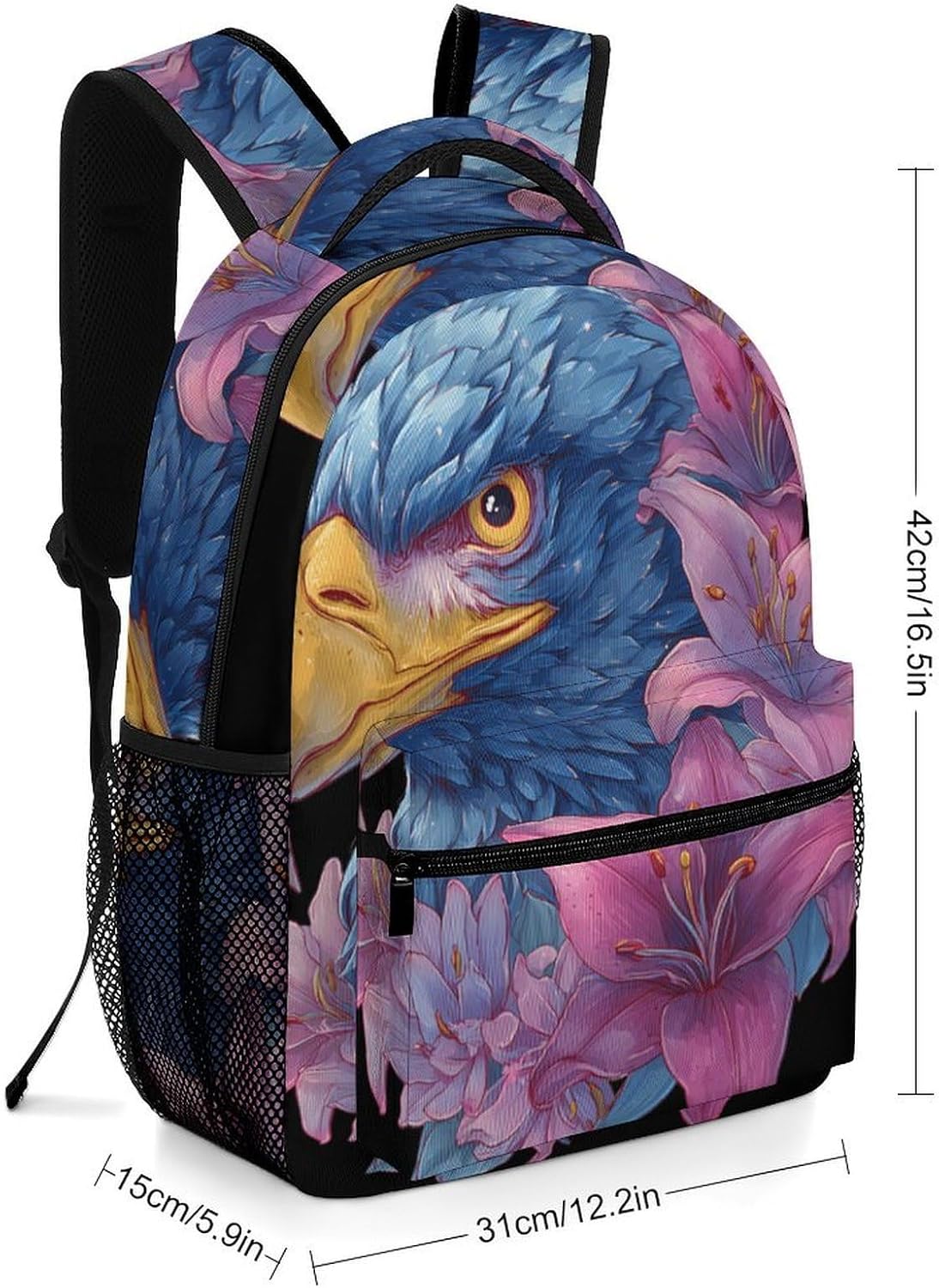Blue Eagle1 with Lilies Flower Unisex Backpack Casual Daypacks Lightweight Shoulders Bag for Camping Hiking Travel