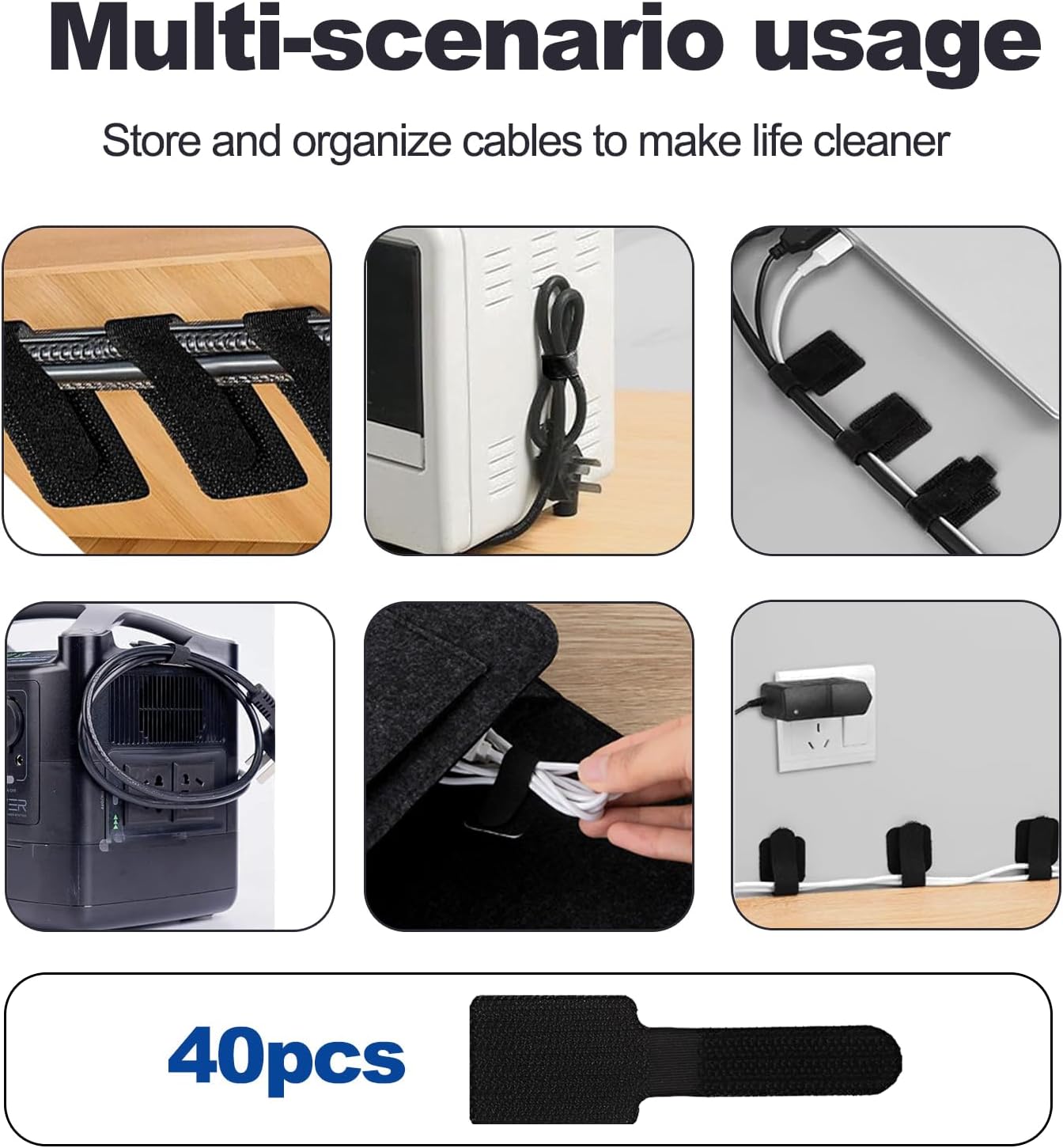 40PCS Self-Adhesive Hook and Loop Cable Ties & Straps – Sticky-Back Cord Organizer for Under Desk, Home Office, Kitchen (Black)