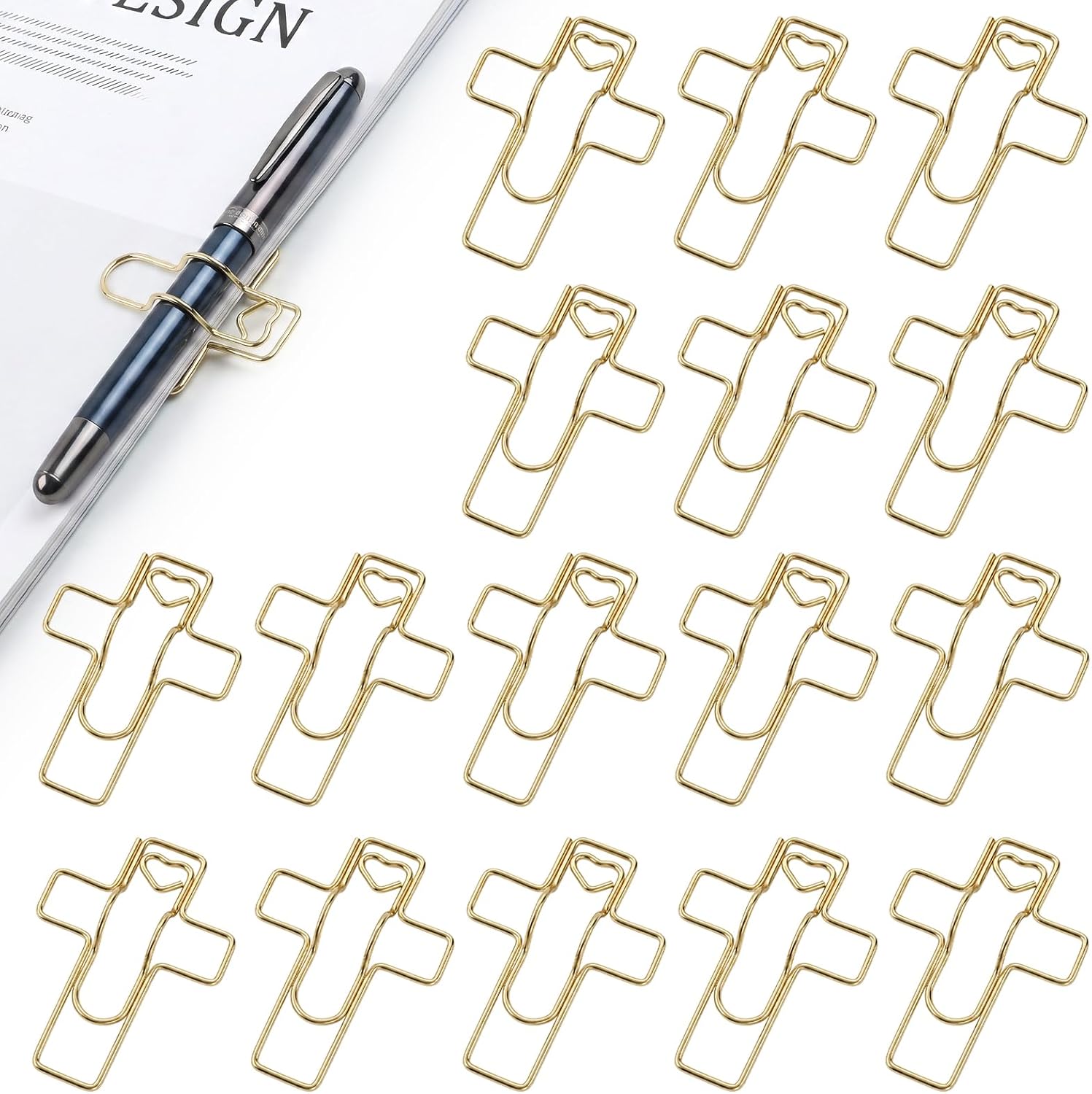 16PCS Gold Heart Clips Pen Holder, Pen Holders Gifts for Teacher, Jumbo Cross Paper Clips Religous Christian Gifts for Women, Bible Study Gifts, Office Supplies