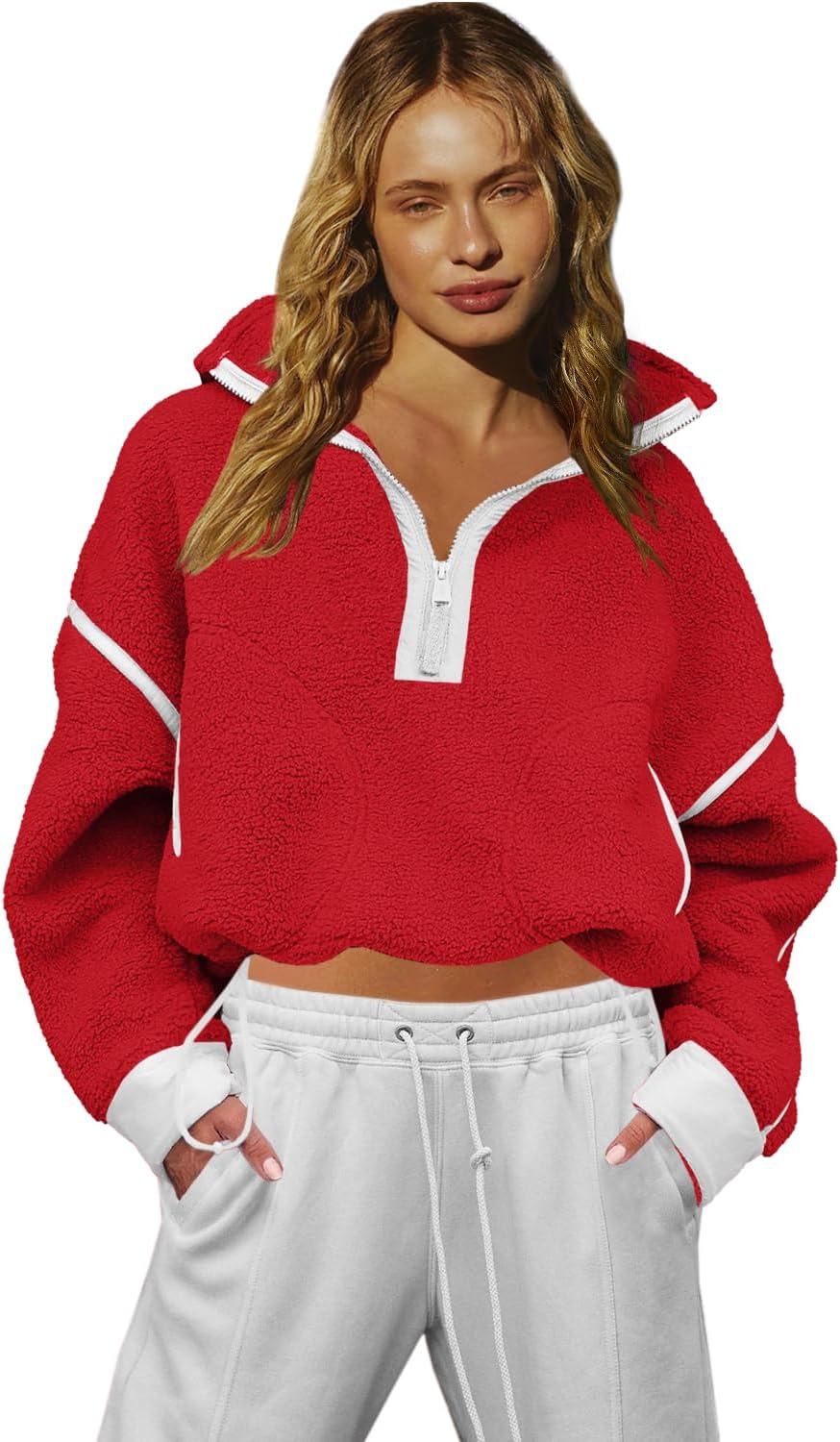LAMISSCHE Half Zip Sweatshirt Women Oversized Sherpa Jacket V Neck Fleece Pullover Hoodie with Pockets