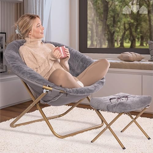 Miniatura 76 de Milliard - Silla acogedora con diseño de platillo, de pelo sintético, para dormitorio, tamaño extragrande (color blanco) Beige,Negro -,Negro +