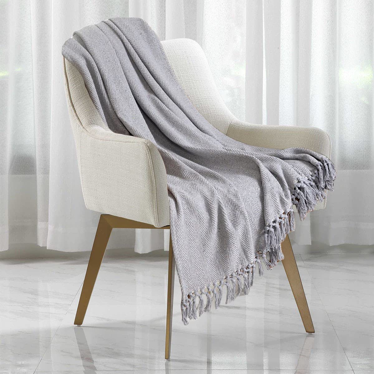 Herringbone Throw for Sofa and Bed, Large 3 Seater Sofa Cover, Single and Double King Size Bed Blanket, Silver grey Throw Chair (127cms x 152cms) — image 1