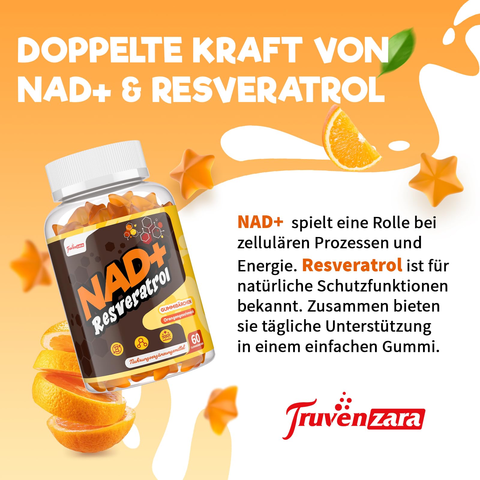 Gommes NAD+ 1310 mg avec Resvératrol, TMG, Collagène Marin Hydrolysé et Extrait de Poivre Noir, Complément NAD+, Saveur Orange (60 Unité (Lot de 2))