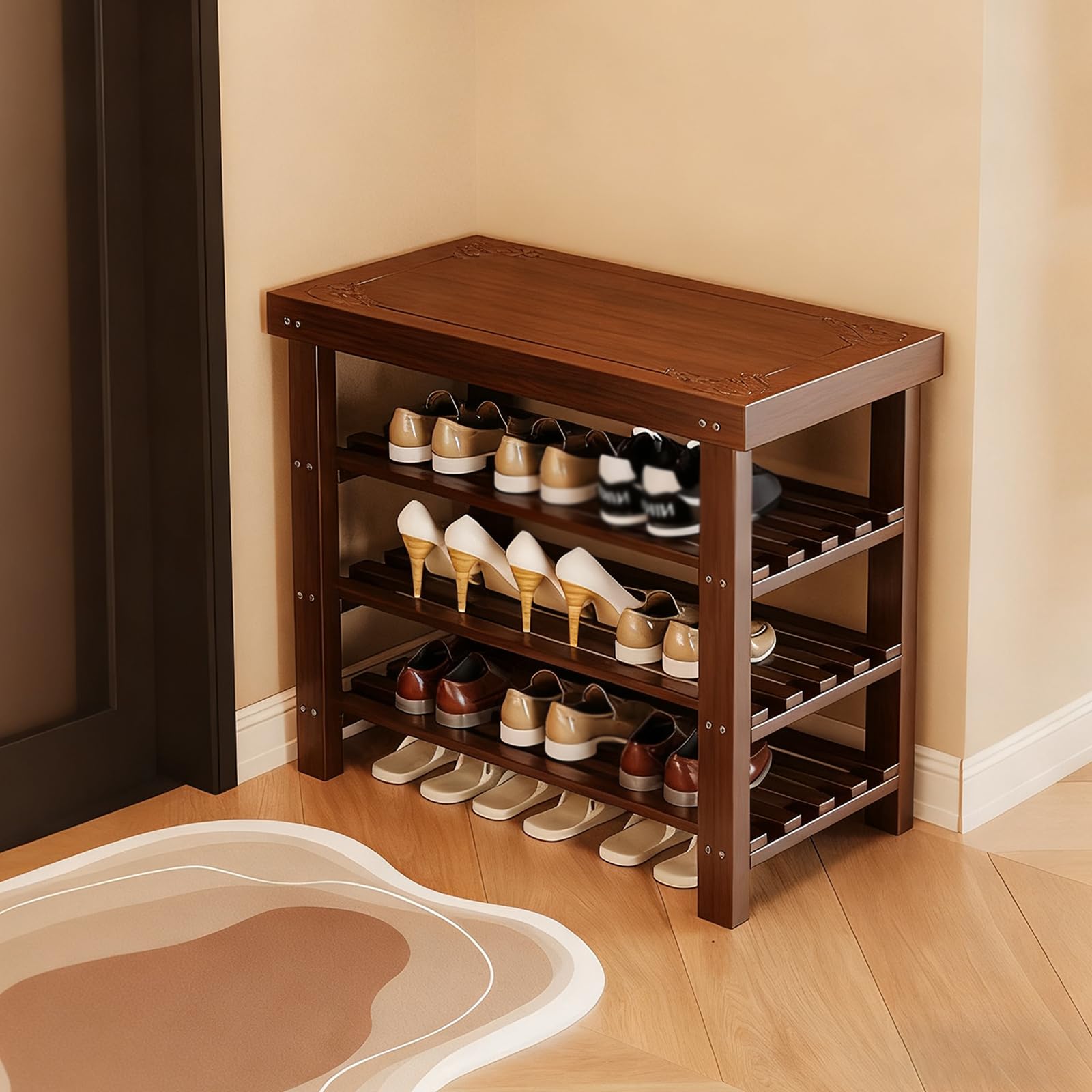 GDMDPTE 4-Tier Bamboo Shoe Rack with Integrated Desk - Multifunctional Entryway Bench for Sneakers & Heels - 60cm Storage nizer with Engraved Shelf