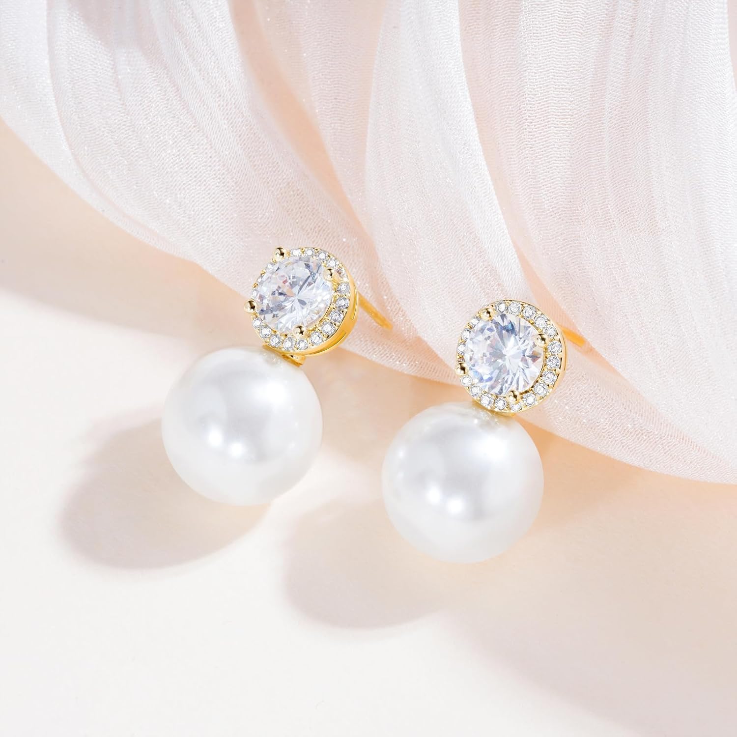 Pearl Earrings 925 Sterling Silver Post Bridal Wedding Halo Cubic Zirconia 12MM Pearl Stud Earrings Hypoallergenic for Women - Image 2