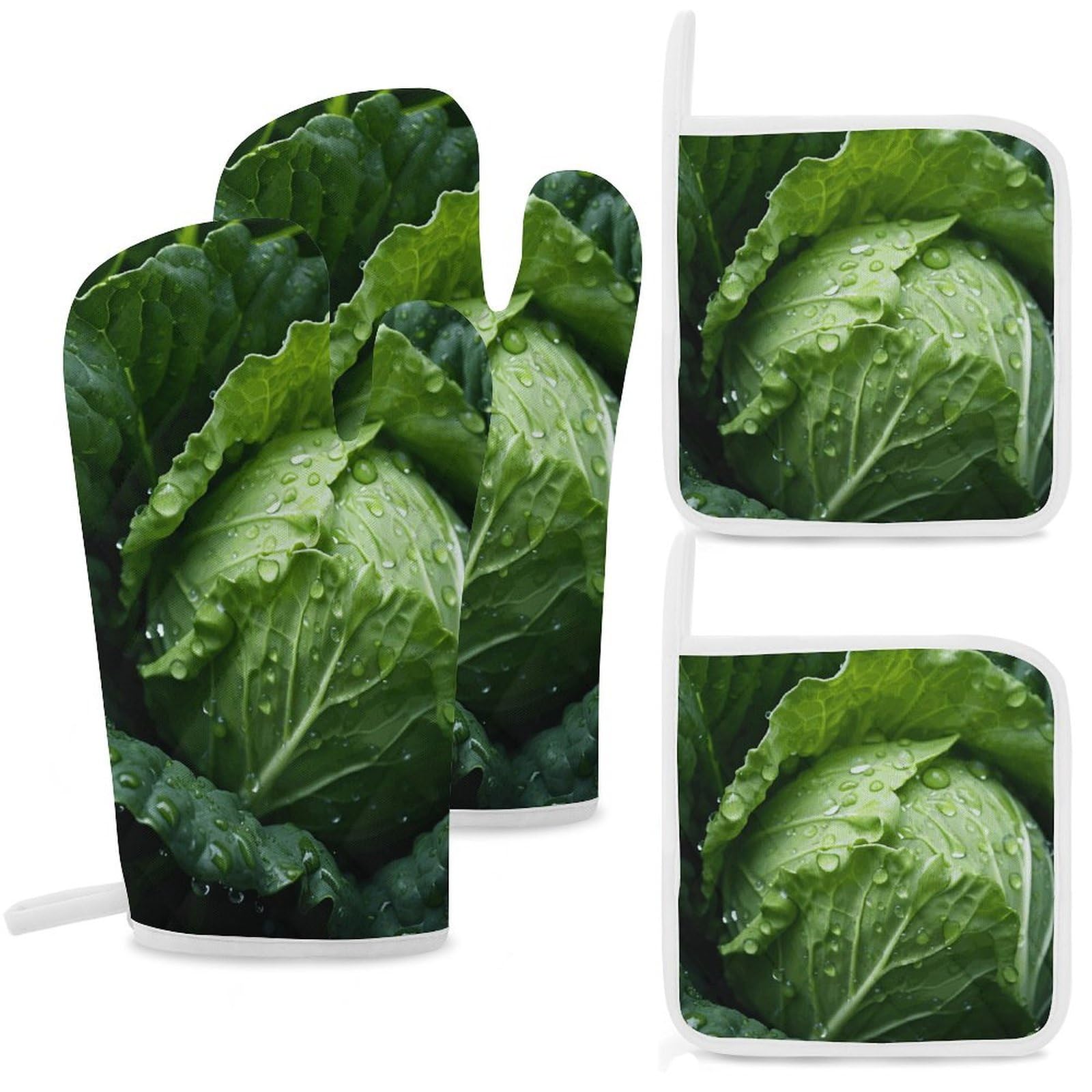 Gants de cuisine et maniques chou vert : lot de 4 accessoires thermorésistants
