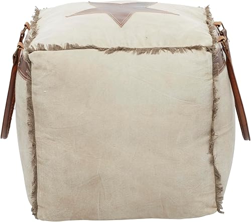 Miniatura 3 de Deco 79 Puf de lona con asas de cuero, 20 x 20 x 19 pulgadas, blanco