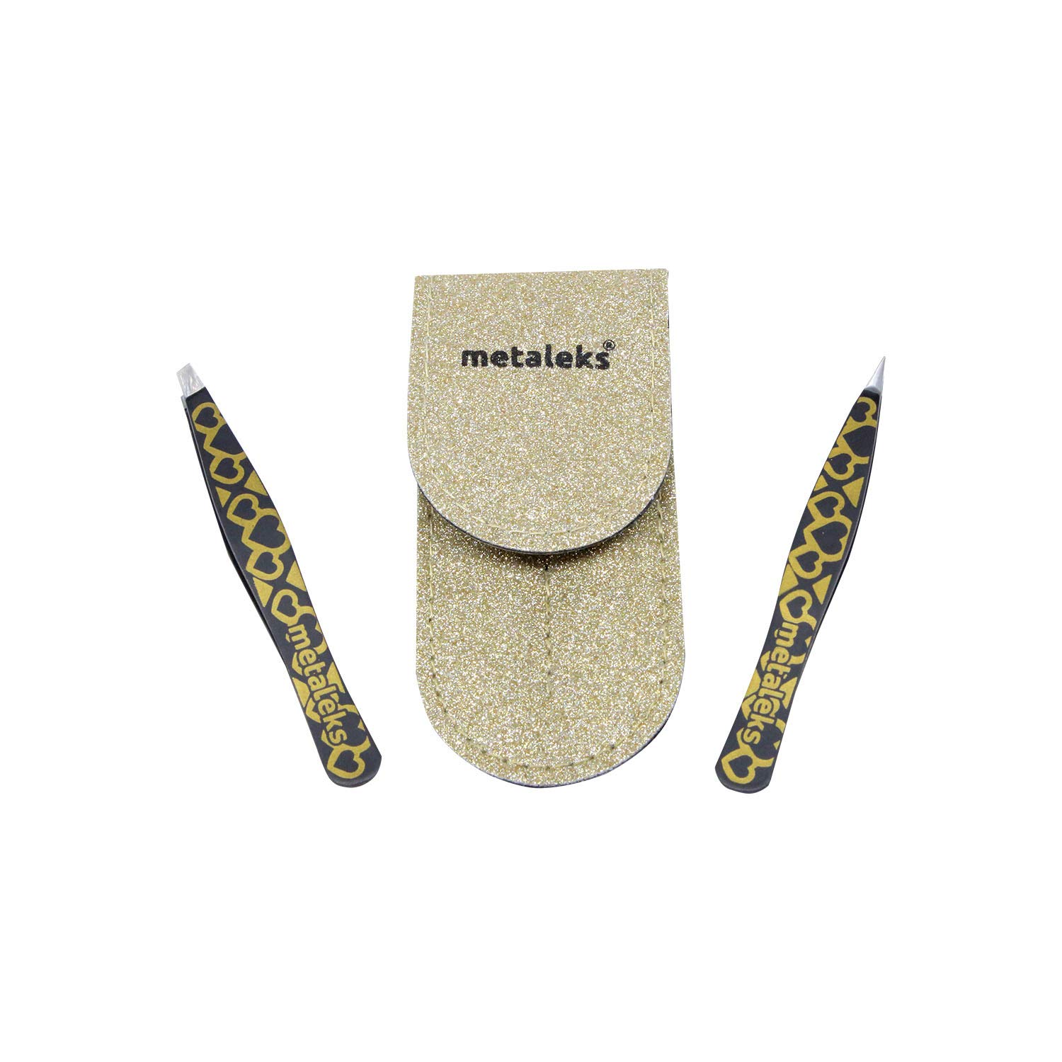 metaleksEyeBrow Tweezers Set With Pointed and Slant Tip In Golden Glitter Pouch