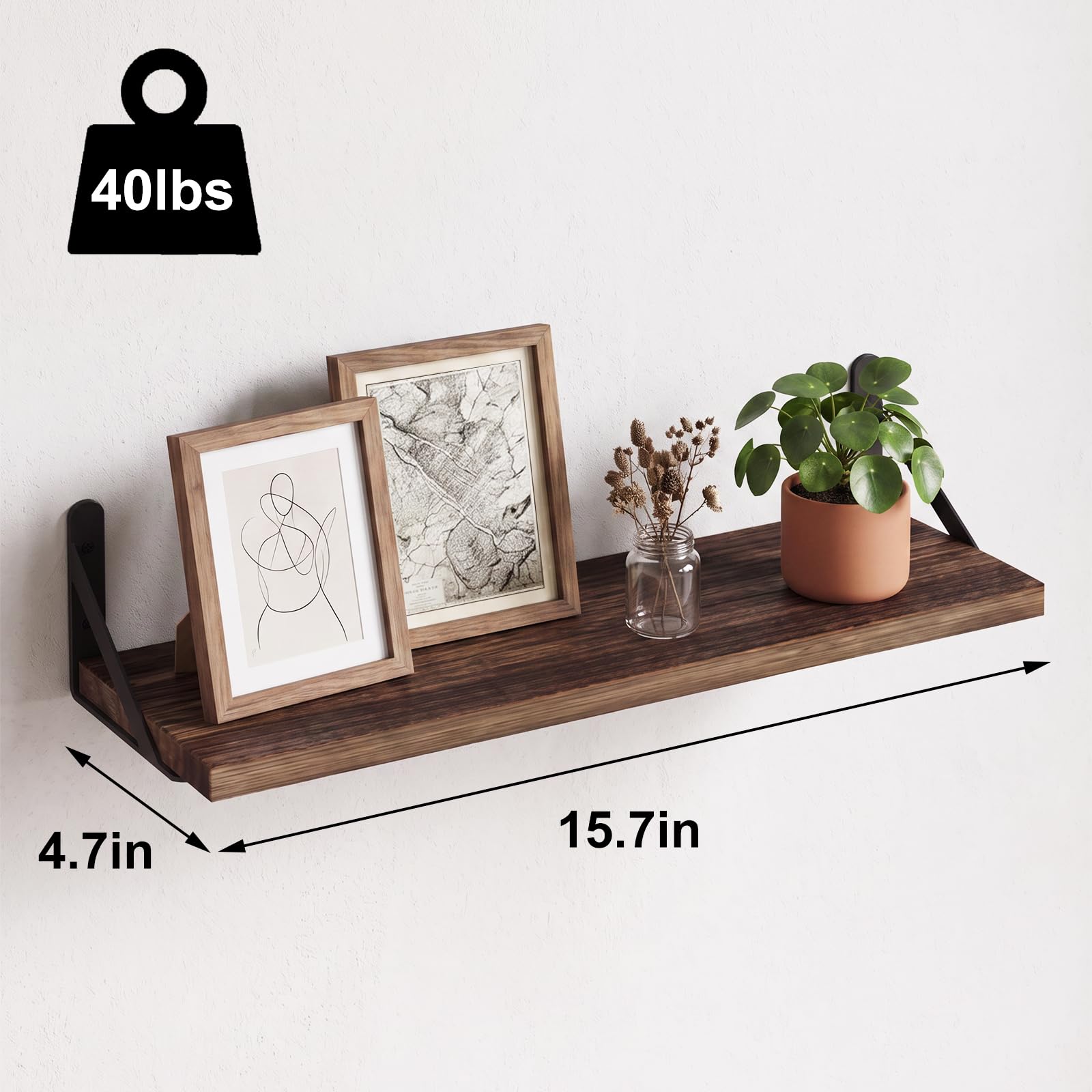 Fixwal Schwebende Regale, Breite 11,9 cm, rustikales Holz, Wandregale, 8 Stück, Wandregale für Schlafzimmer, Wohnzimmer, Küche, Bad, Büro und Pflanzen (dunkles karbonisiertes Schwarz)