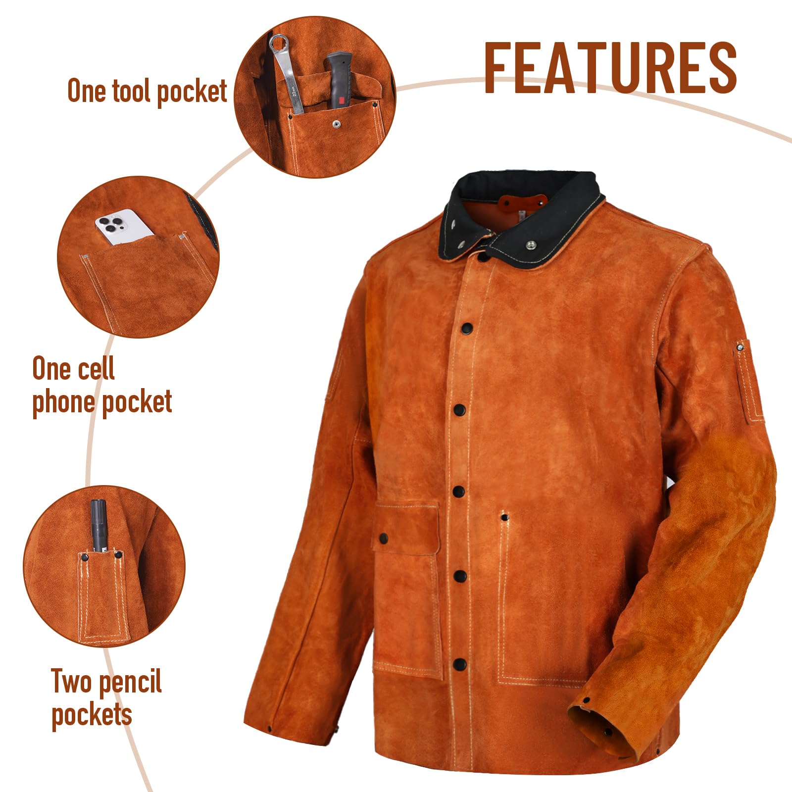 QeeLink Veste de Soudeur en Cuir Résistant à la Flamme, Vêtement Soudure Ignifuge Durable pour Hommes et Femmes, Veste Soudeur pour Protéger Contre Les Projections de Soudure de TIG/MIG/Arc