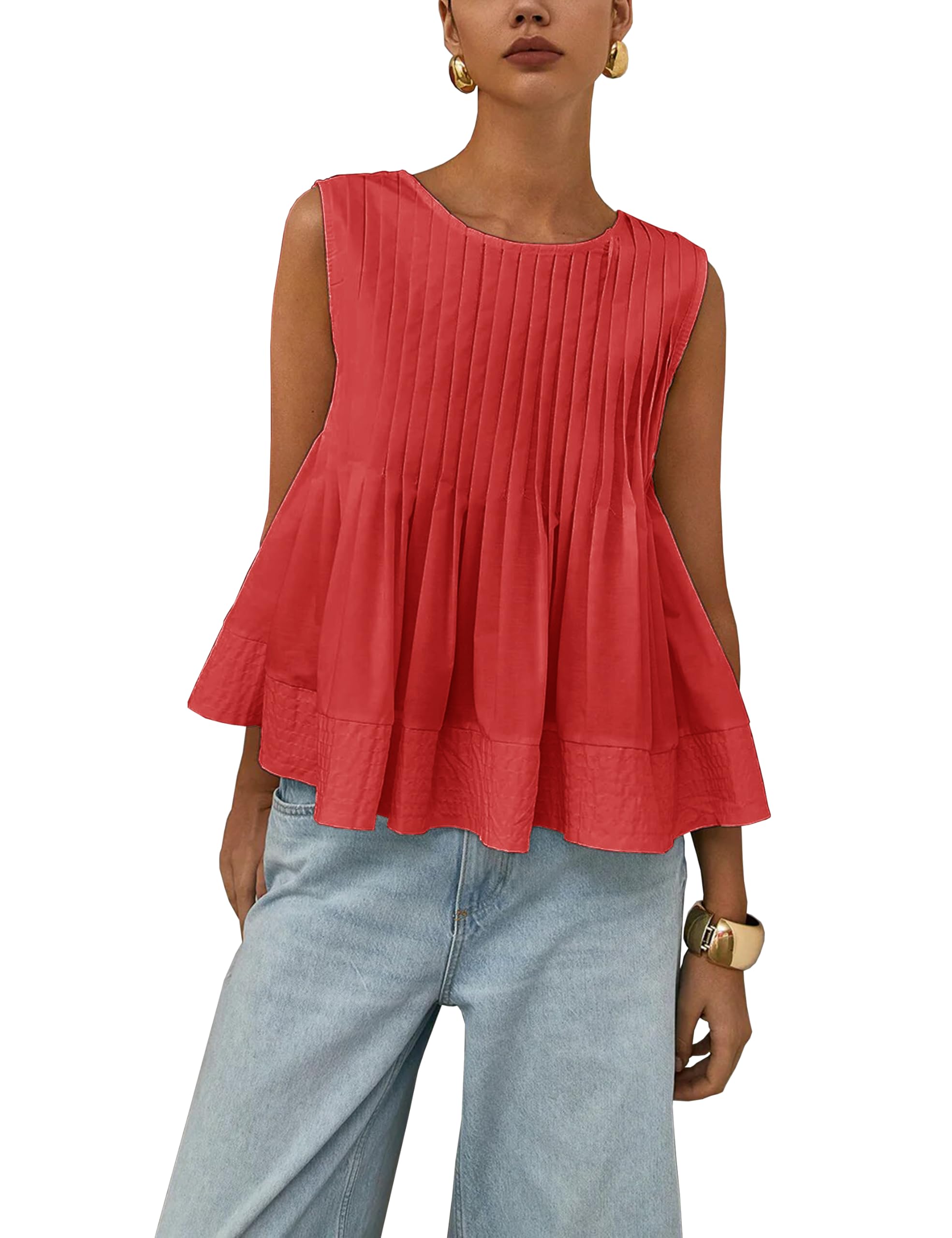 Camiseta de verano para mujer, plisada, estilo babydoll, sin mangas, estilo peplum, estilo casual