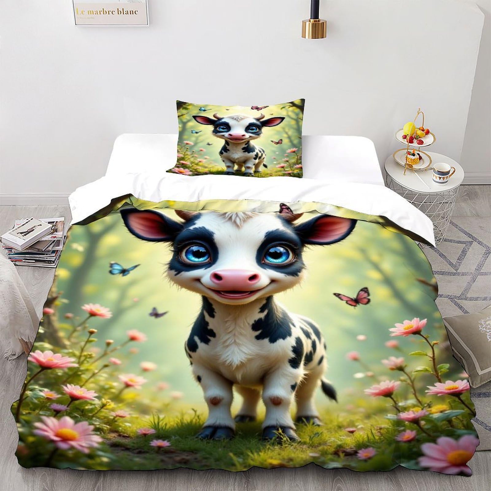 Housse de couette vache en microfibre douce et zippée pour lit simple