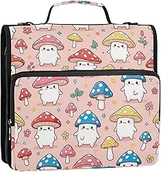 Fichários de 3 anéis, 3 anéis, fofos, cogumelos, organizador de fichário para ensino médio com alça colorida, vários bolsos, pasta grande, 34,5 x 31,5 x 9 cm