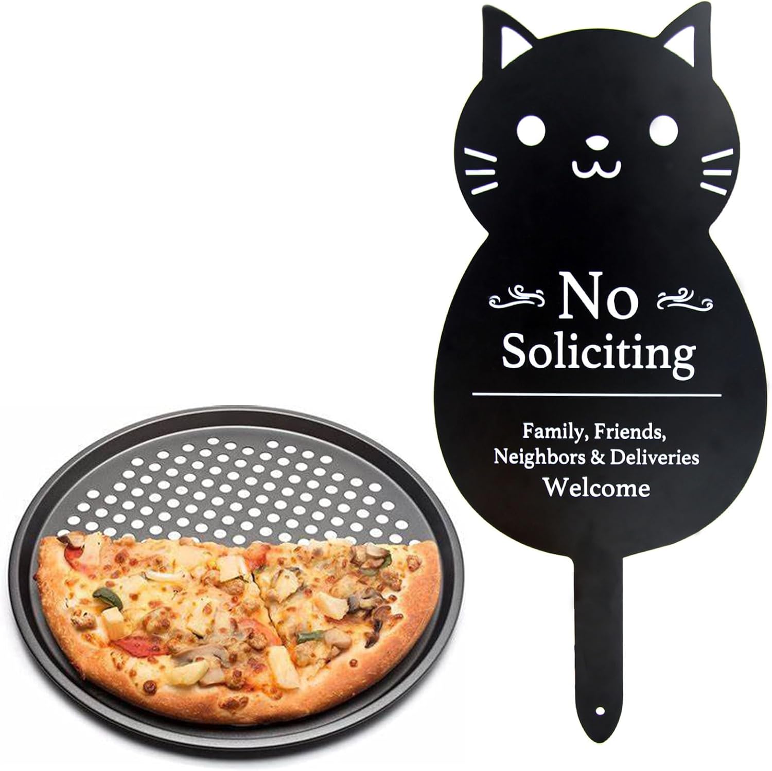12 inch Pizza Pan with Funny Metal No Soliciting Sign for House Bundle